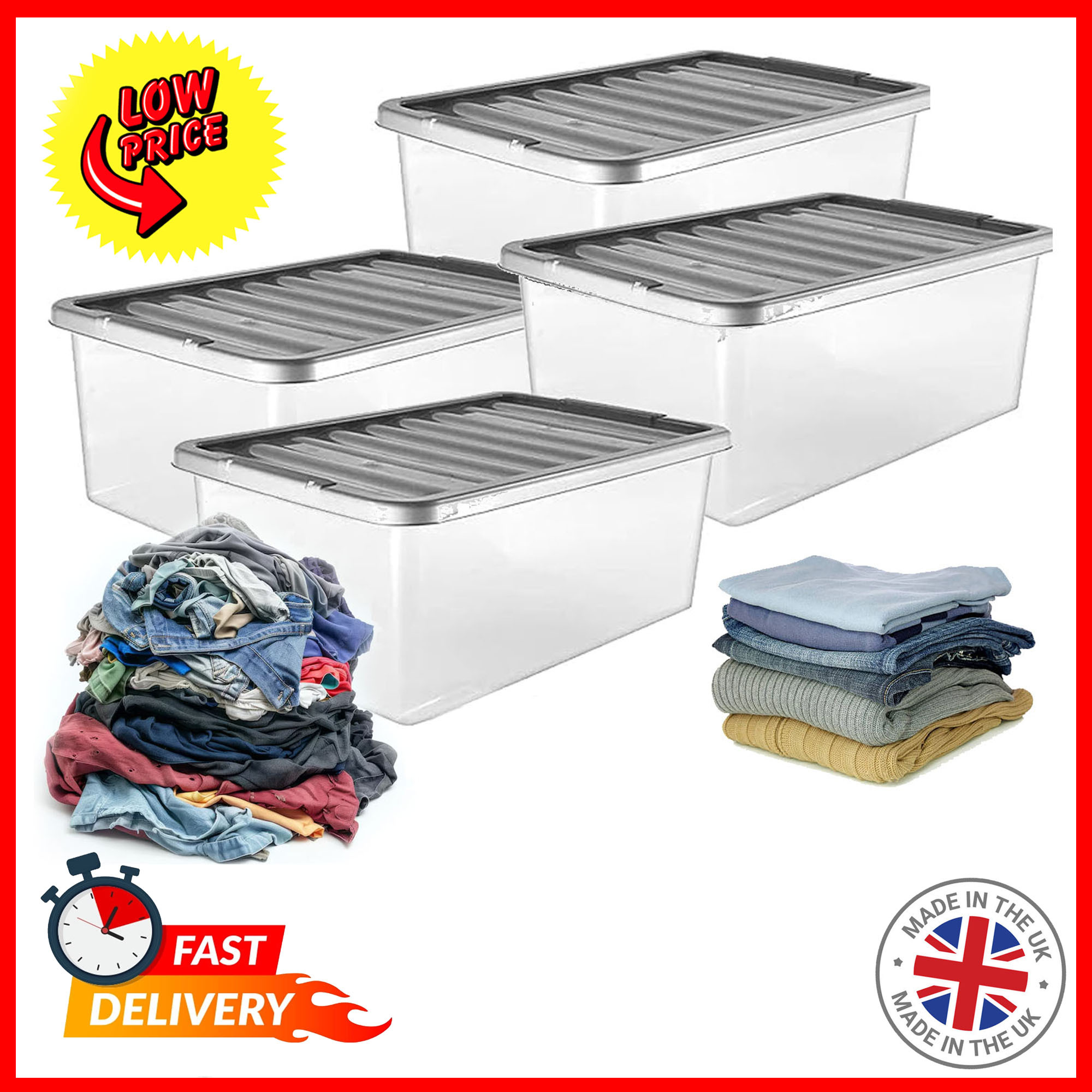 4 pack 32l clear large storage boxes containers complete with silver lids underbed home office storage