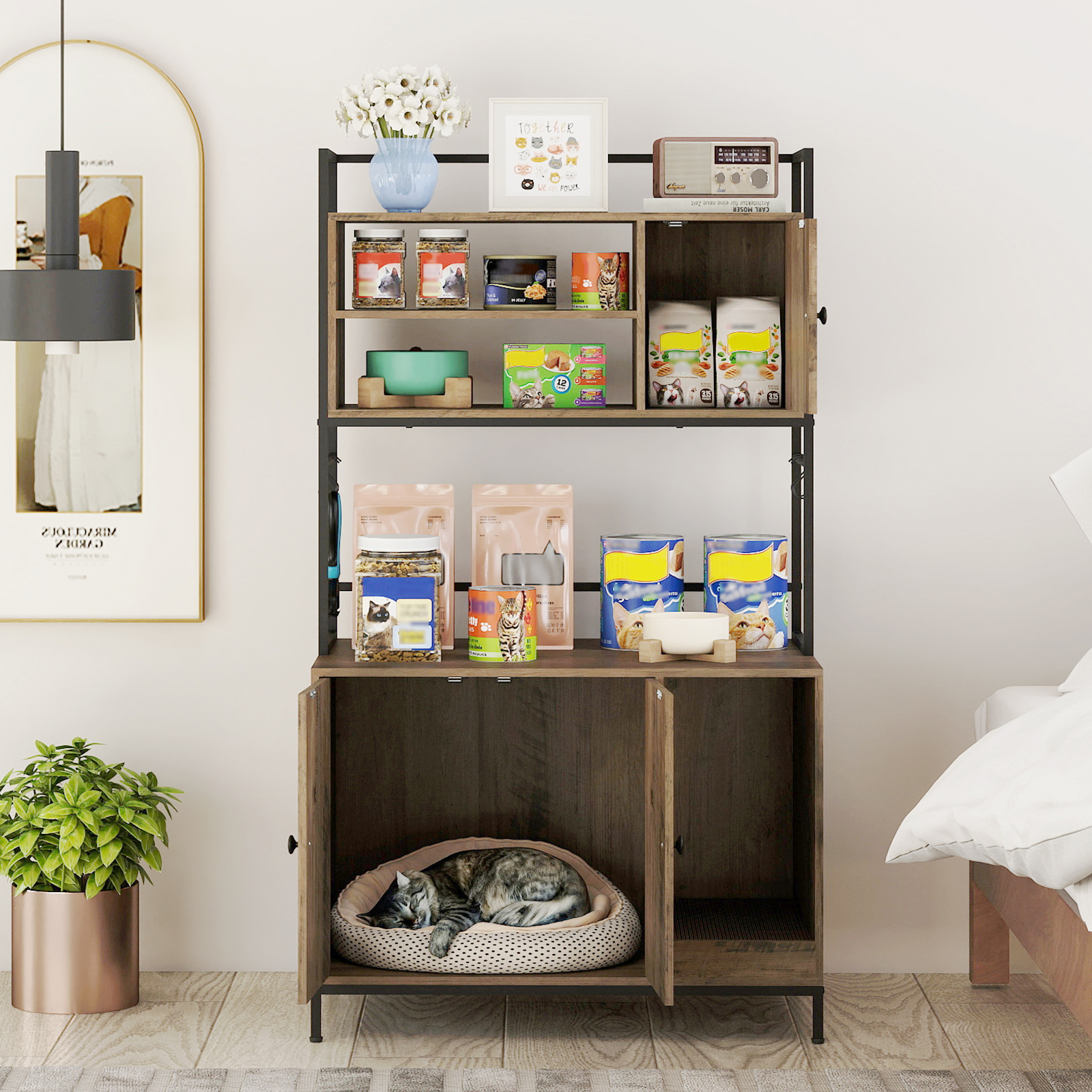 Image of Cat Litter Box Enclosure With Storage Shelves, Hooks, Large Hidden Cat Washroom Furniture With Metal Frame