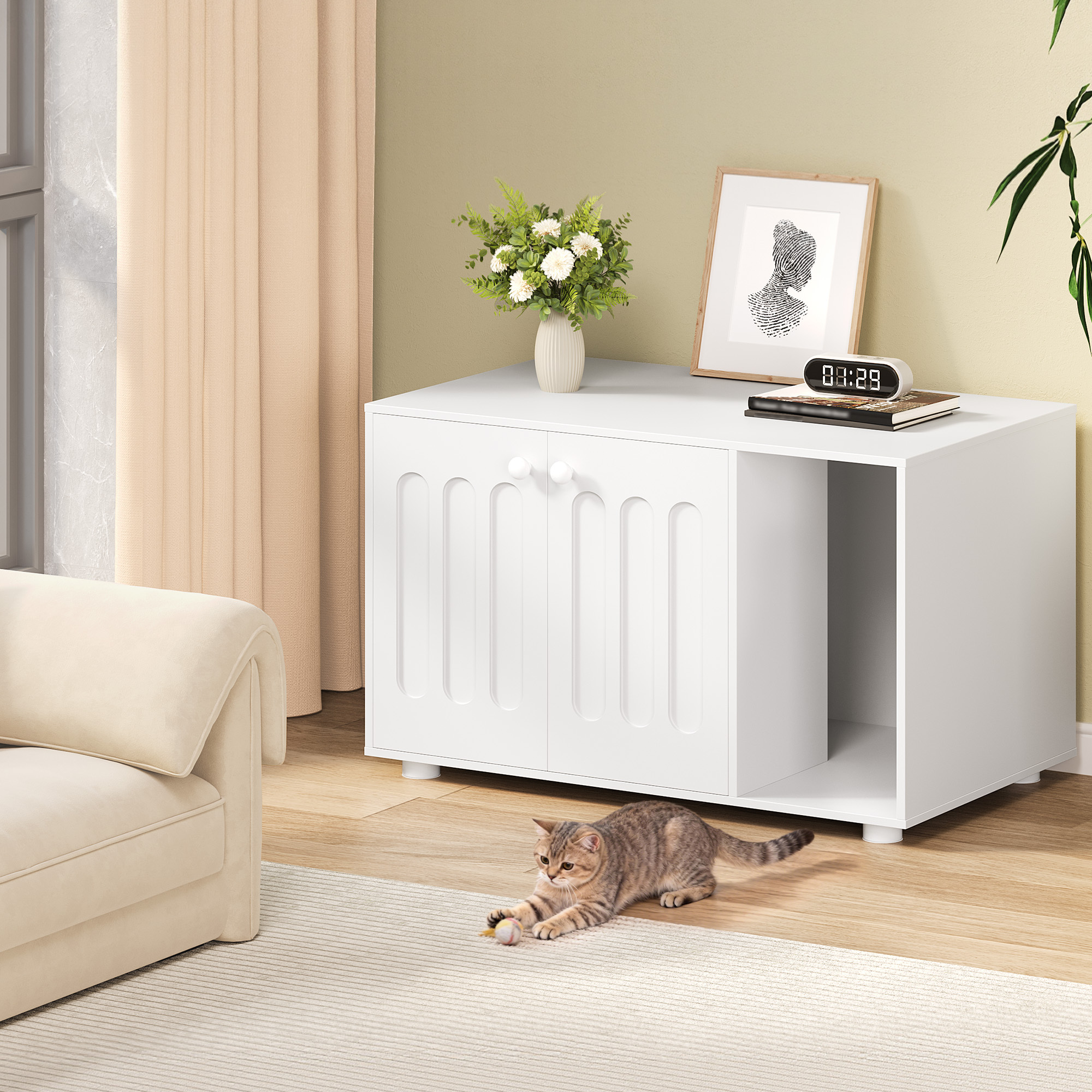Image of Cat Cabinet, Cat Litter Cabinet, 80 X 48 X 51 Cm, Cat House With Door And Separate Partition Wall, , Stable Cat Cabinet With Feet, White