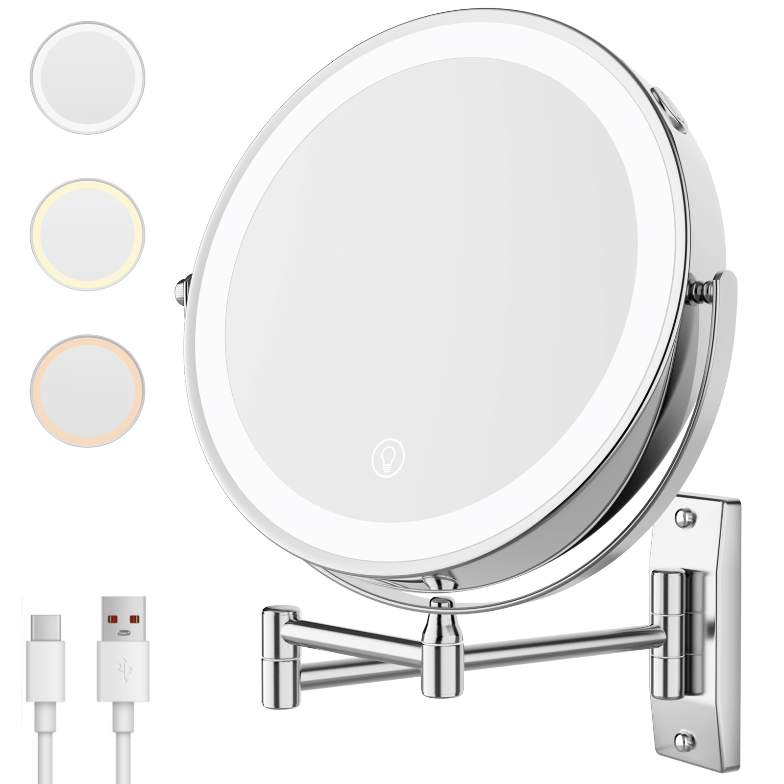 E-shop 8 Zoll Schminkspiegel mit Beleuchtung und Wandmontage, 1X/10X Vergrößerung Kosmetikspiegel, dimmbarer Schminkspiegel mit Touchscreen, 360°