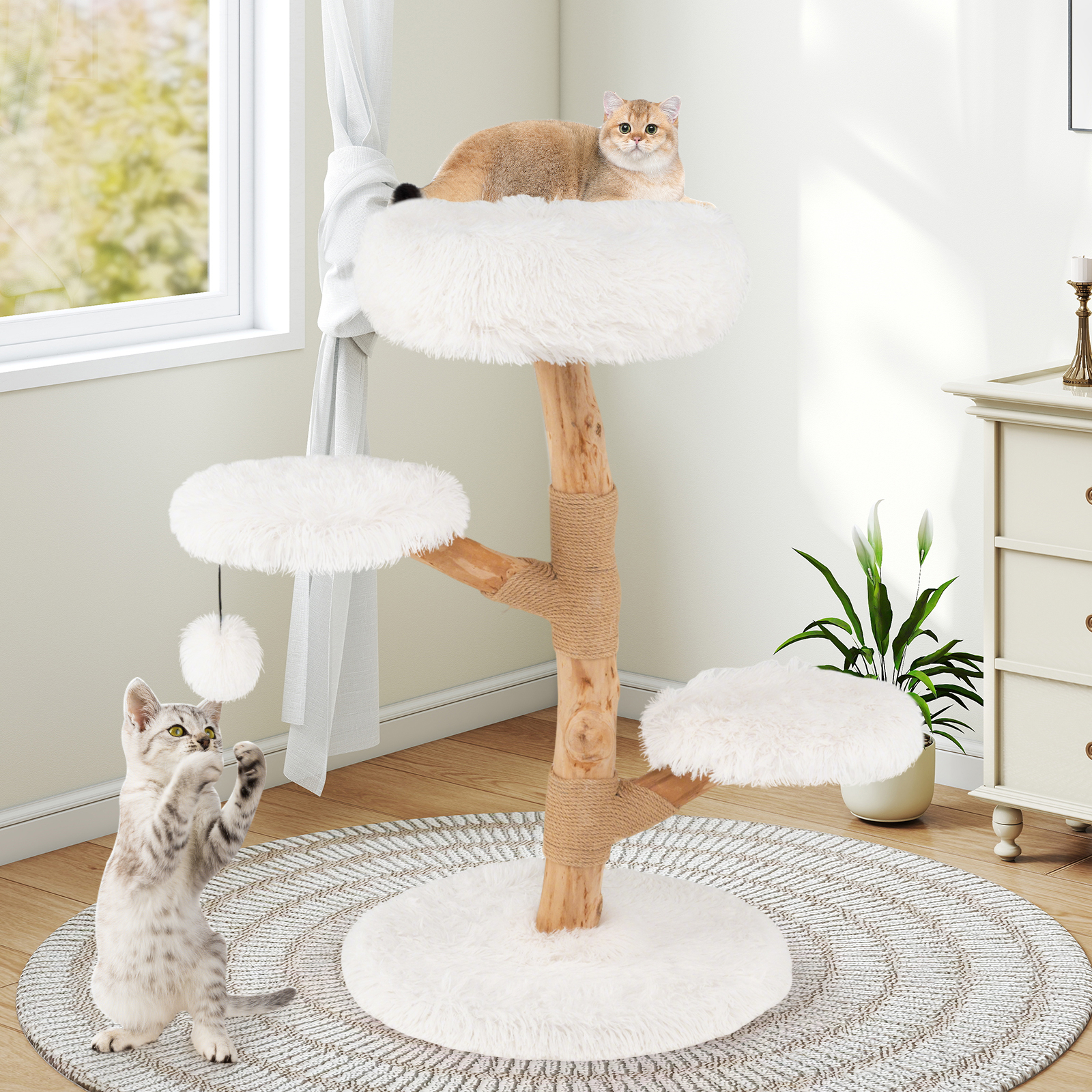 Scratch Tree Wood, 90 Cm Cat Tree With Jute Scratch Rods, Plush Seats And Ball, Multi-storey Climbing Tree For Cats