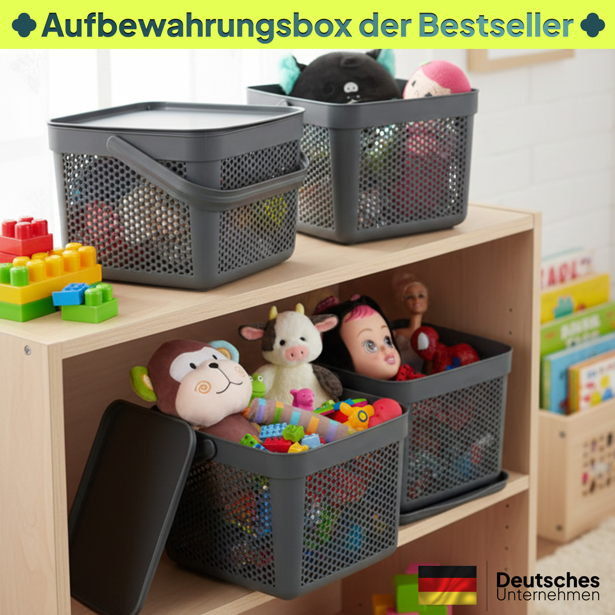E-shop uandu Aufbewahrungskorb mit Deckel 5Lx4, Aufbewahrungsbox Klein, Korb für Spielzeug, Wäschekorb, Regal Korb, Aufbewahrungskorb für Bad,