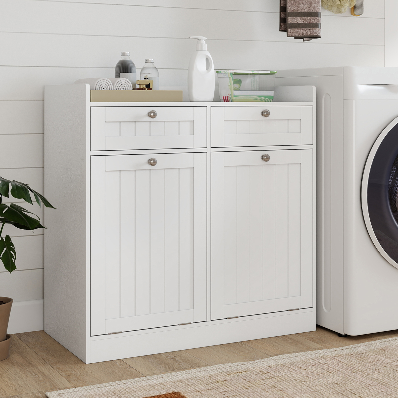 Double Tilt-out Laundry Hamper Cabinet, Freestanding Bathroom Storage Cabinet With Shelf, 2 Drawers & 2 Removable Laundry Bags, Modern Tilt Out Laundry Organizer Unit, White