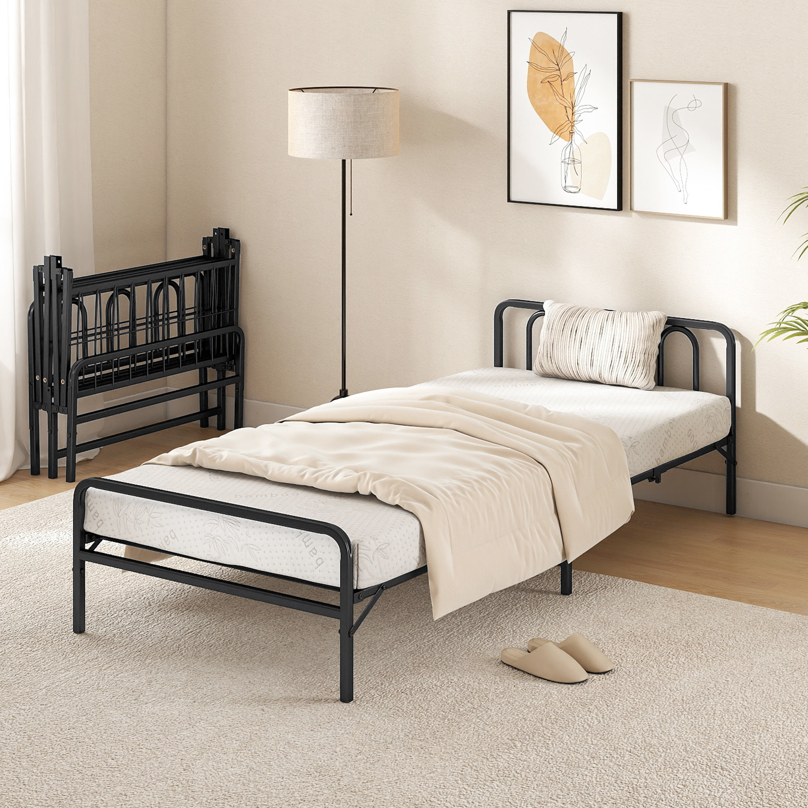 Image of Foldable Bed Frame With Mattress, Portable Folding Bed With Headboard & Footboard, Platform Bed With Memory Foam & Heavy-duty Metal Frame For , Dorm, Apartment, 200 X 90 Cm, Black