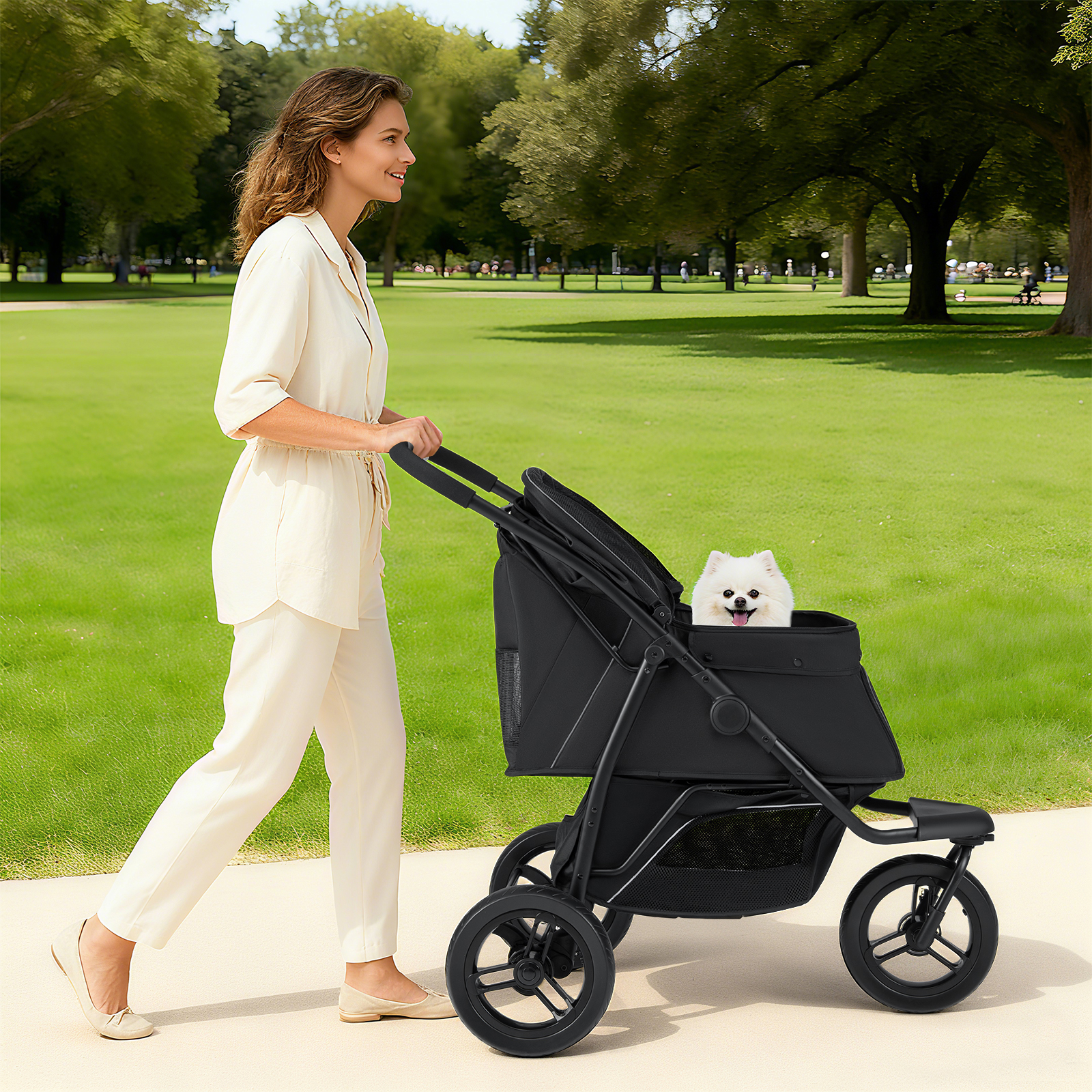 3-wheel Pet Stroller For Small & Medium Dogs, Foldable Cat Stroller Jogger With Wheels, Single-foot Brake, Adjustable Canopy, Storage Basket, Cushion, Safety Leash, 55 Lbs