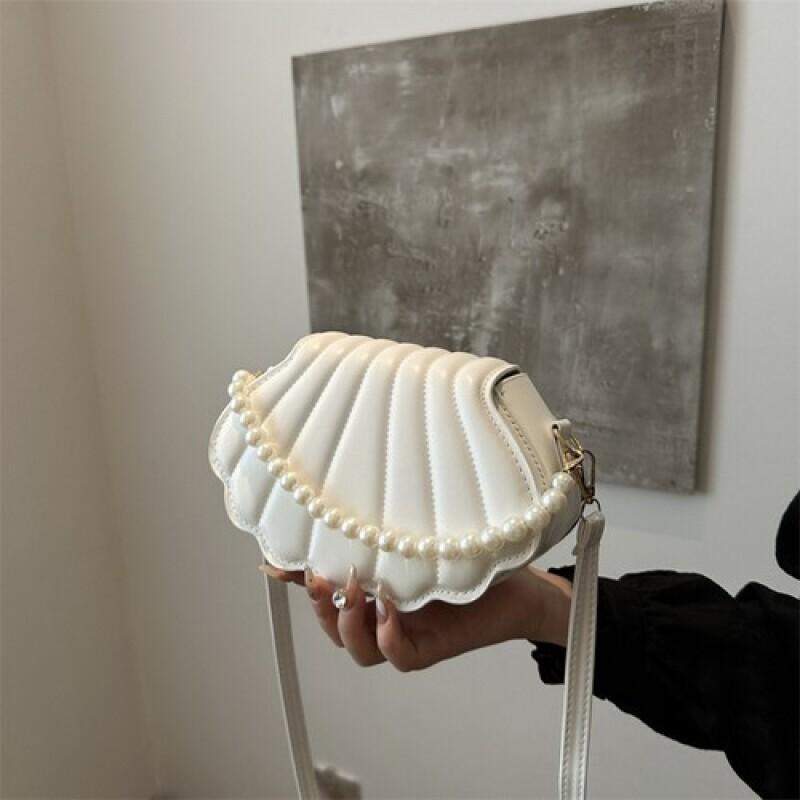 shell bag womens pu leather shoulder bag pearl chain shell handbag simple and versatile fashionable pearl chain shoulder bag mini urban crossbody bag details 1