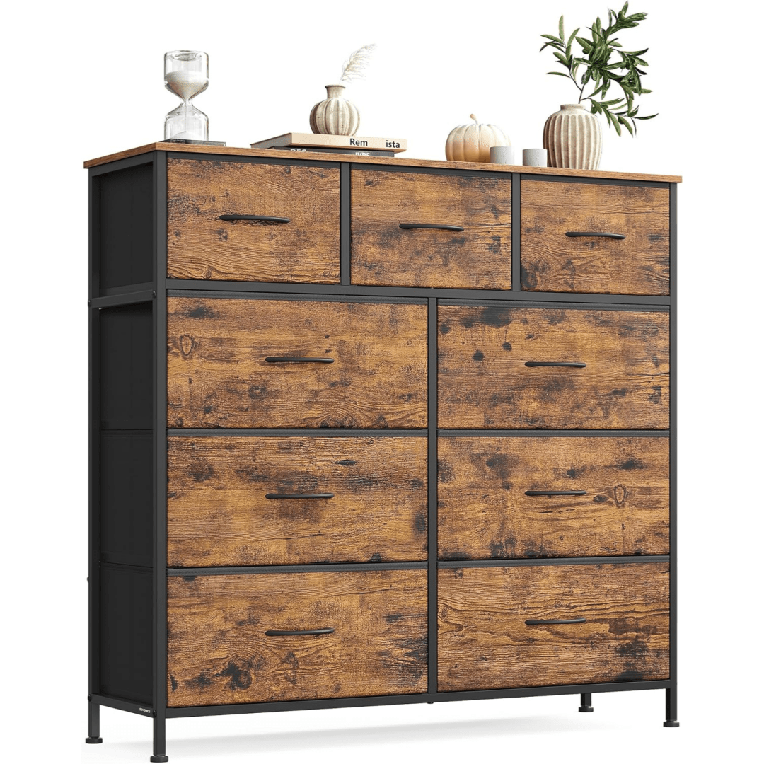 Fabric Drawer Cabinet 9 Drawers, Mdf Top Storage Dresser For Bedroom Hallway Living Room, Ink Black