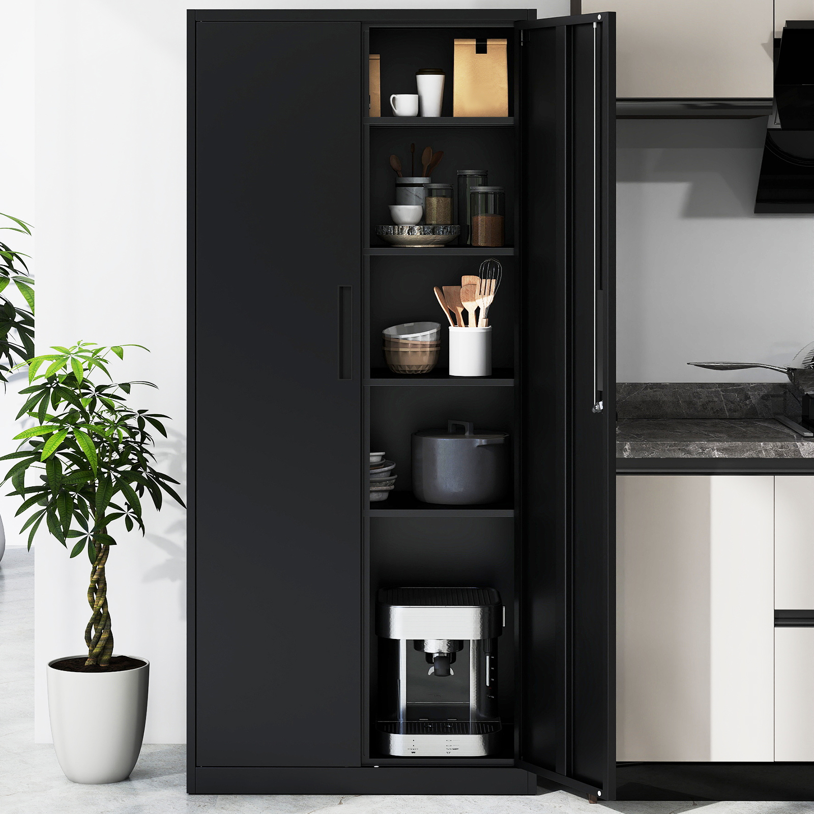 Image of Metal Storage Cabinet With 2 Lockable Doors, 71" Garage Tool Cabinet With 4 Adjustable Shelves, Tall File Pantry Cabinet Steel Storage Organizer For Office, Living Room, Kitchen And School, Black