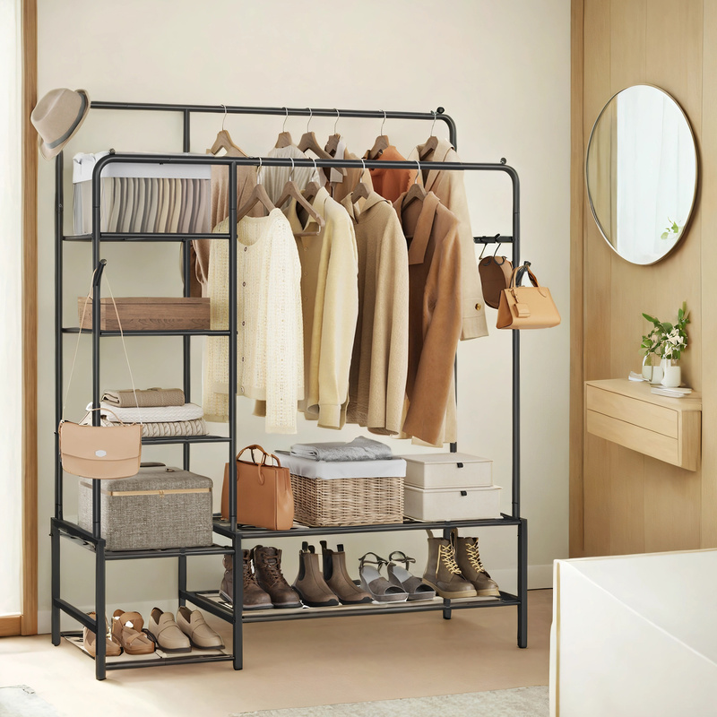 TEMU Porte-manteau, armoire simple, structure métallique, avec tringle, étagère à niveaux, convient pour , les salons, les couloirs, noir