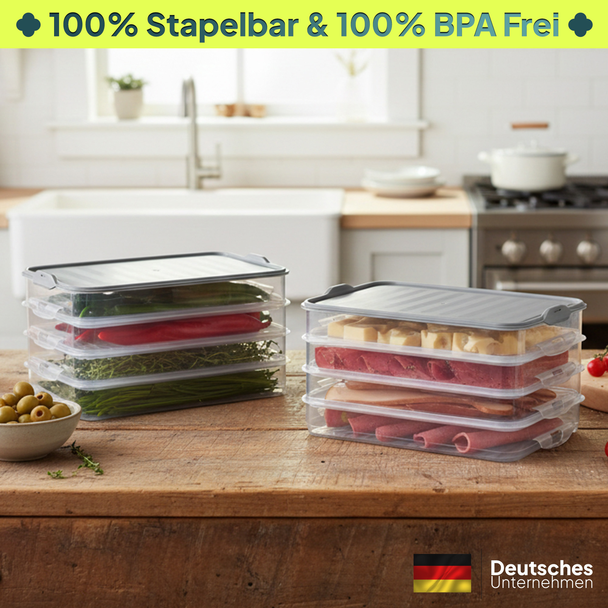 E-shop uandu Aufschnittboxen für Kühlschrank, Aufbewahrung Kühlschrank, Aufschnittbox Stapelbar, Kühlschrank Organizer, Frischhaltedosen mit Deckel,