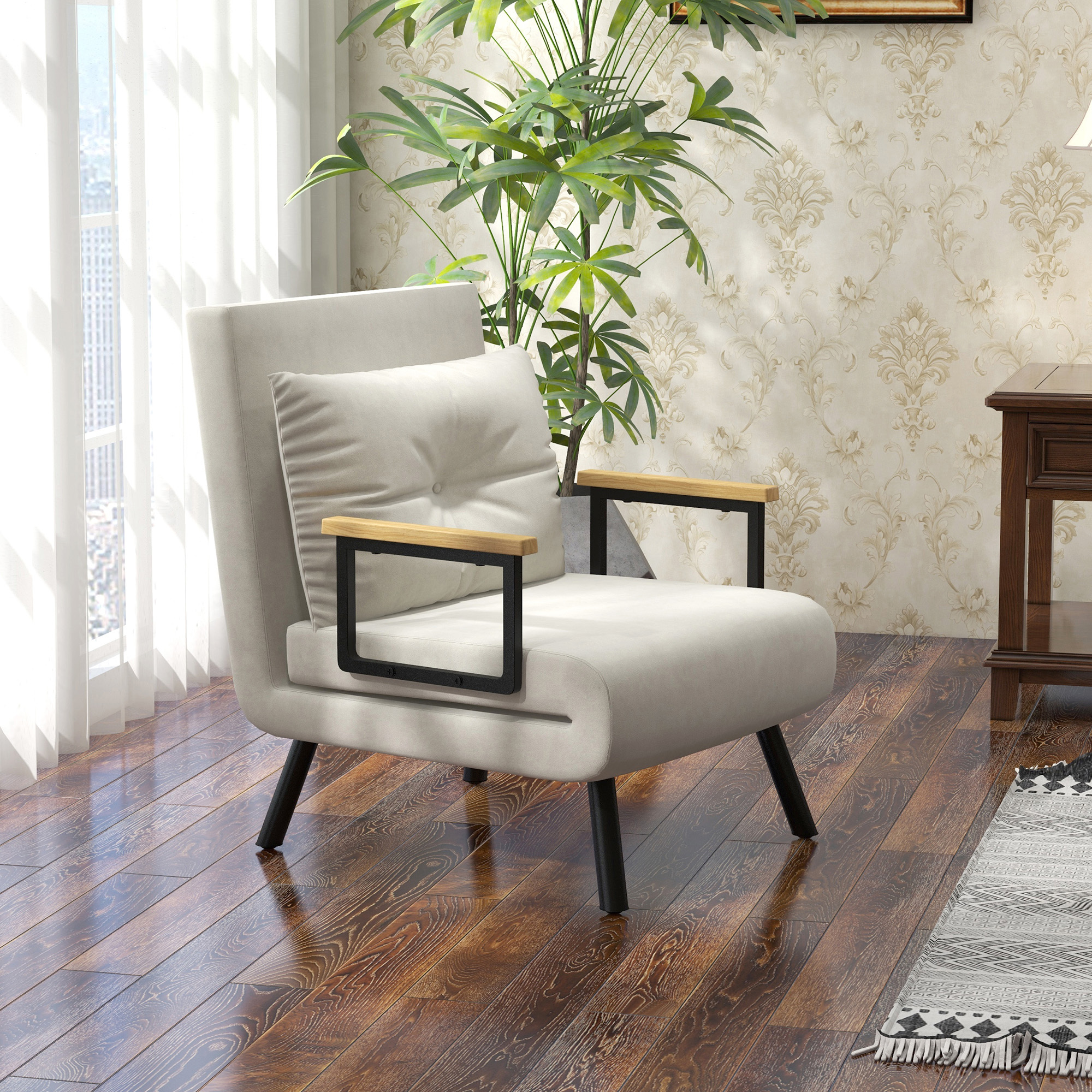 4-in-1 Sleeper Chair With Sleeping Function, 183 Cm Foldable Sleeper Chair With 5-stage Adjustable Backrest, Lumbar Pillow And Velvet Optics For Living Room, Cream White