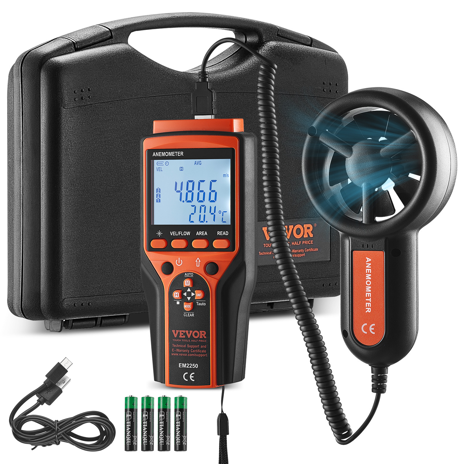 Vevor Split Handheld , 14℉-140℉, Digital Wind Speed Cfm Meter Gauge With Led Backlight Screen, Measures Wind Temperature Air Flow , For Sailing Surfing Flying Hvac
