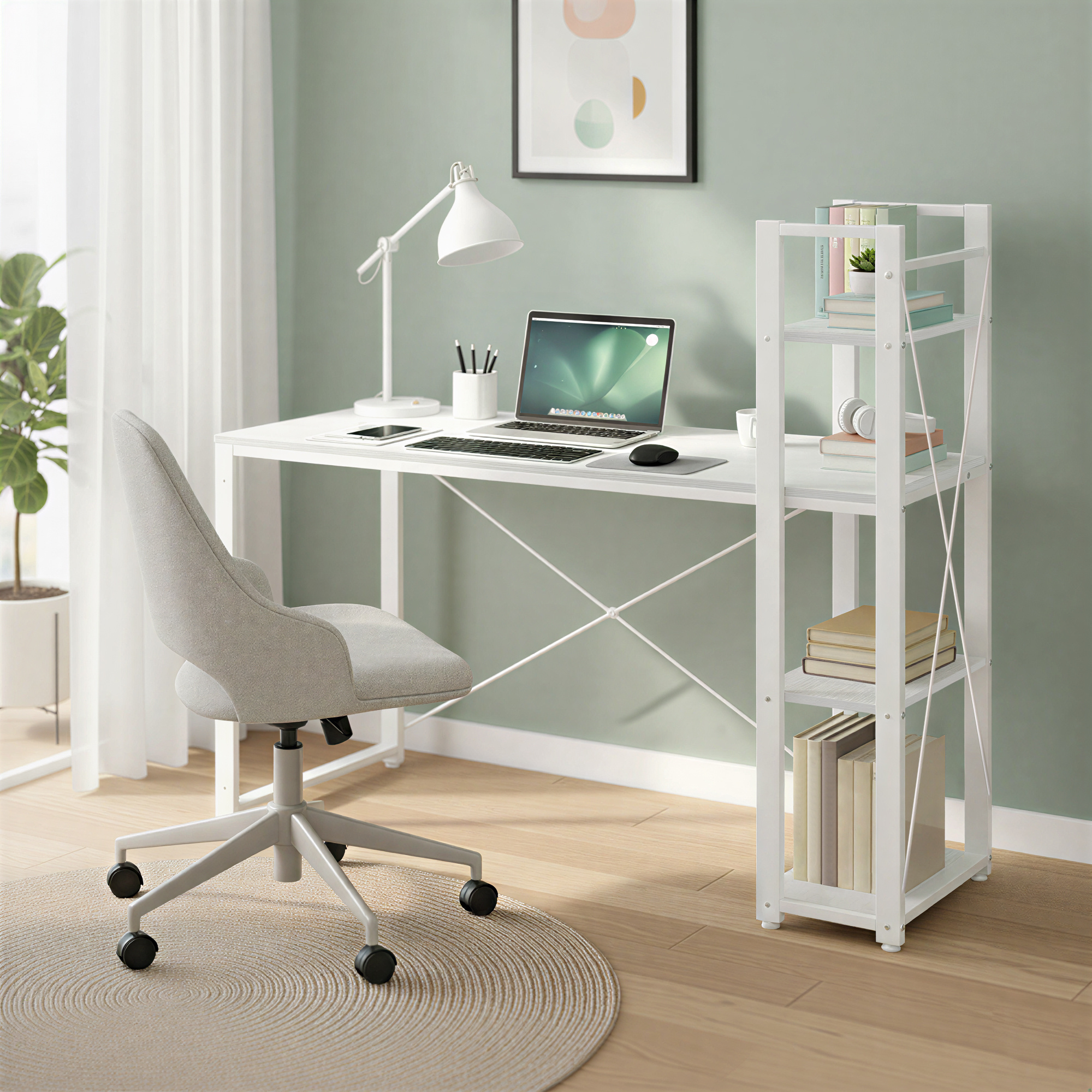 Desk, 120 Cm Wide Office Table With Flexible Shelf Floors (right/left Selectable) - Home Office Desk, Easy Assembly - White.