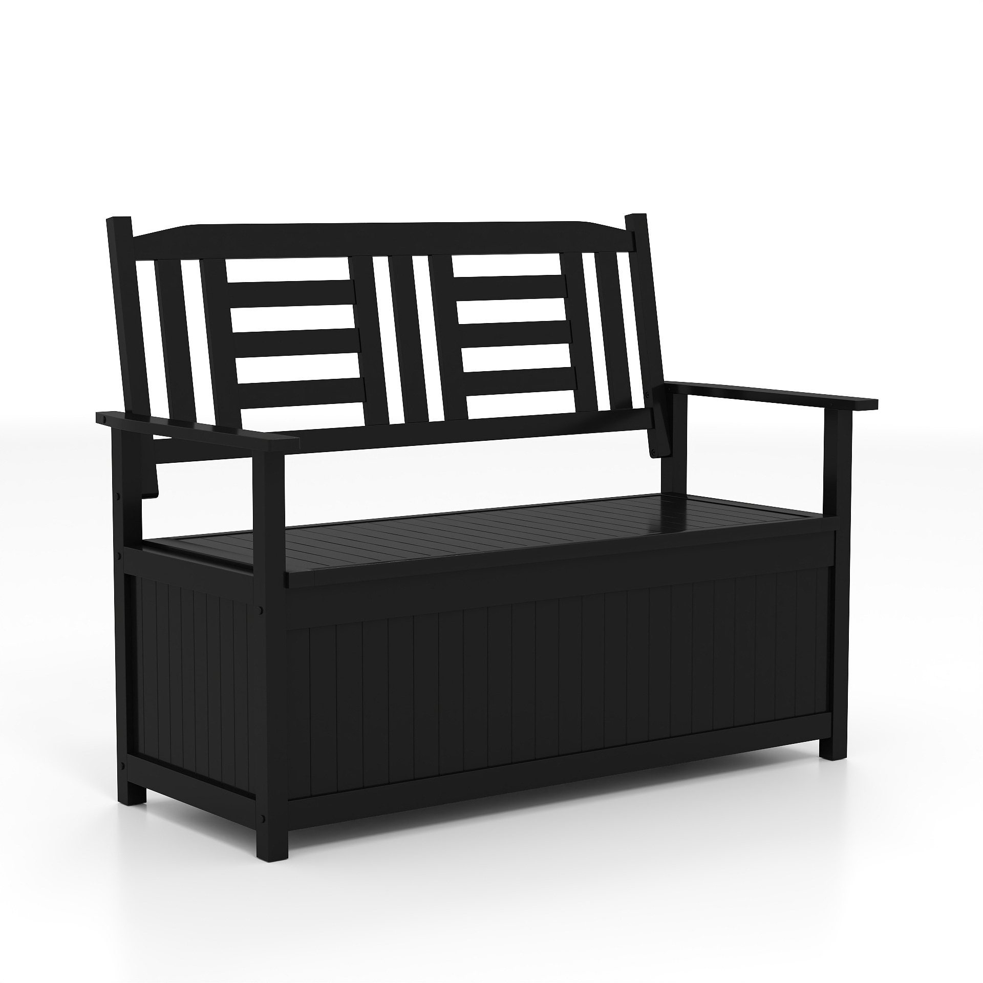 185 L Storage Bench, Outdoor Solid Wood Deck Box With Backrest, Slatted Seat And Armrests