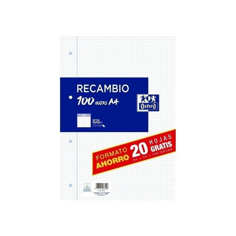 TEMU Recambio Oxford A4 80 + 20 hojas - papel de 90 gr - cuadro 4mm 4 taladros
