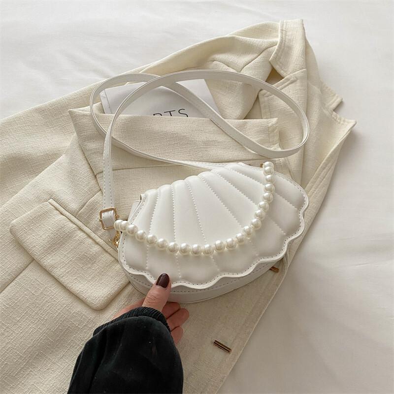 shell bag womens pu leather shoulder bag pearl chain shell handbag simple and versatile fashionable pearl chain shoulder bag mini urban crossbody bag details 0