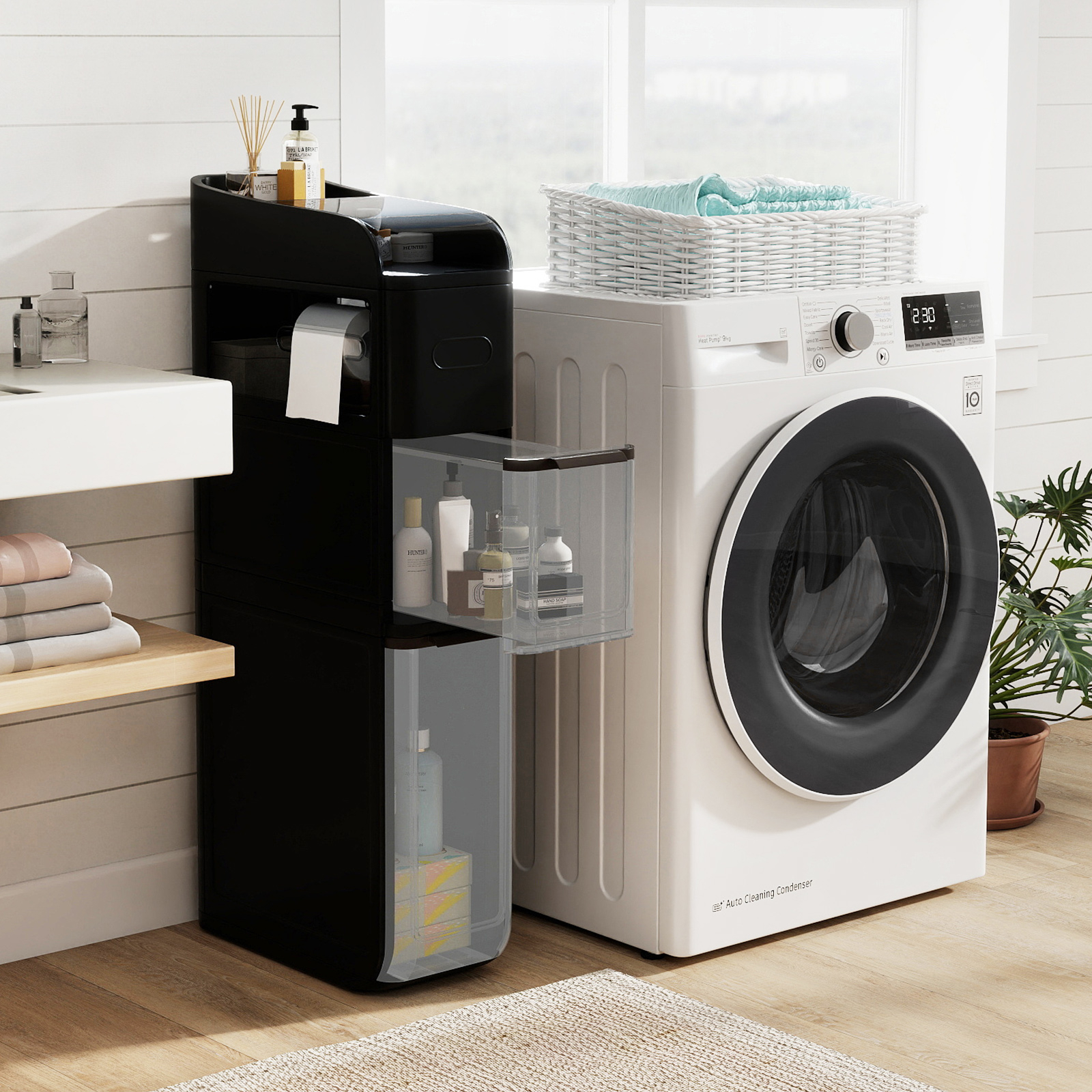 Image of 4 Level Storage Cabinet, Bathroom Furniture With Deep Transparent Drawers, Toilet Paper Holder