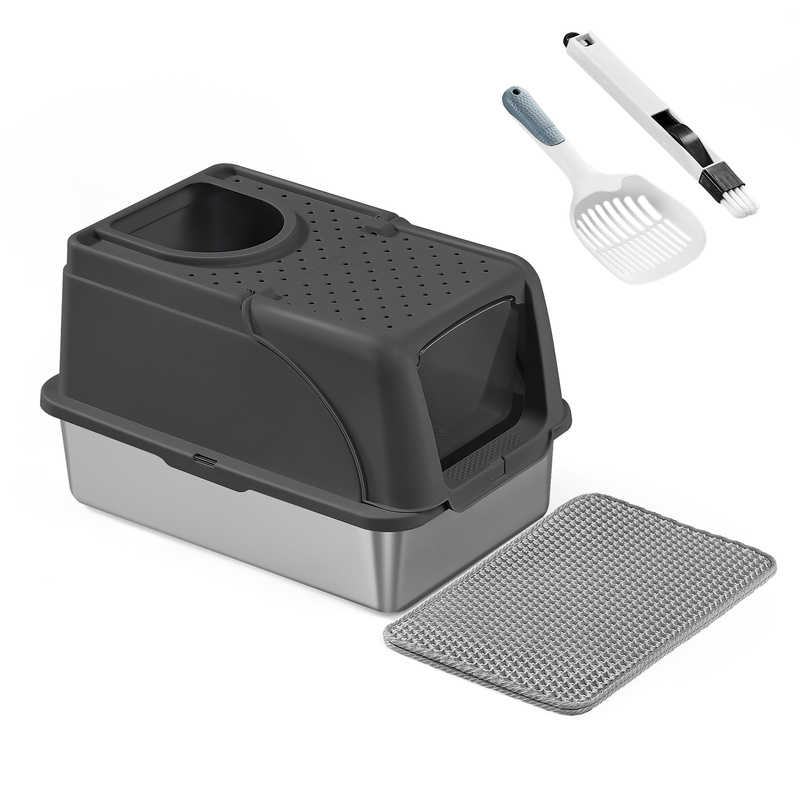TEMU Stainless Steel Cat Litter Box With Lid, Scoop, And Brush, For Cats Up To 15 Kg, Black