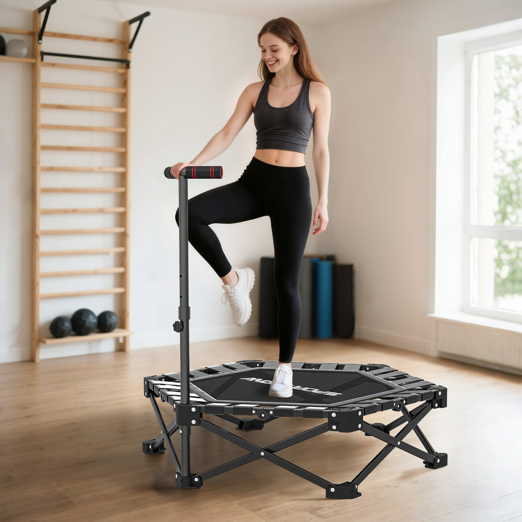 Foldable Fitness Trampoline Ø104 Cm Mini Trampoline -fold Mechanism Adjustable Height Handle Grip Carry Bag Quiet Trampoline 180kg Load Capacity Trampoline For Indoor Outdoor Jumping