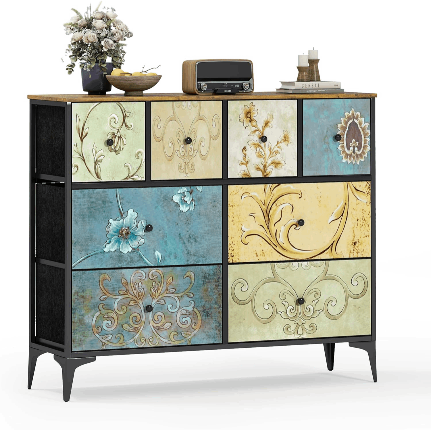 Image of Chest Of Drawers With 8 Fabric Drawers, 3 Tier Sideboard With Sturdy For Small Spaces, Tv Stand Cabinet For Bedroom, Living Room
