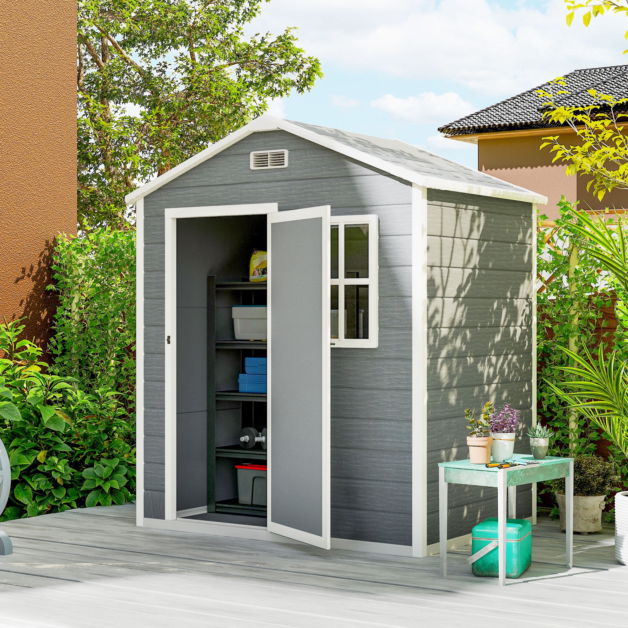 Image of Tool Shed 1.9m² 182 X 121 X 200cm With Roof Floor Lockable Door Weatherproof Garden House Outdoor Garden Shed For Backyard Outdoor Area Grey