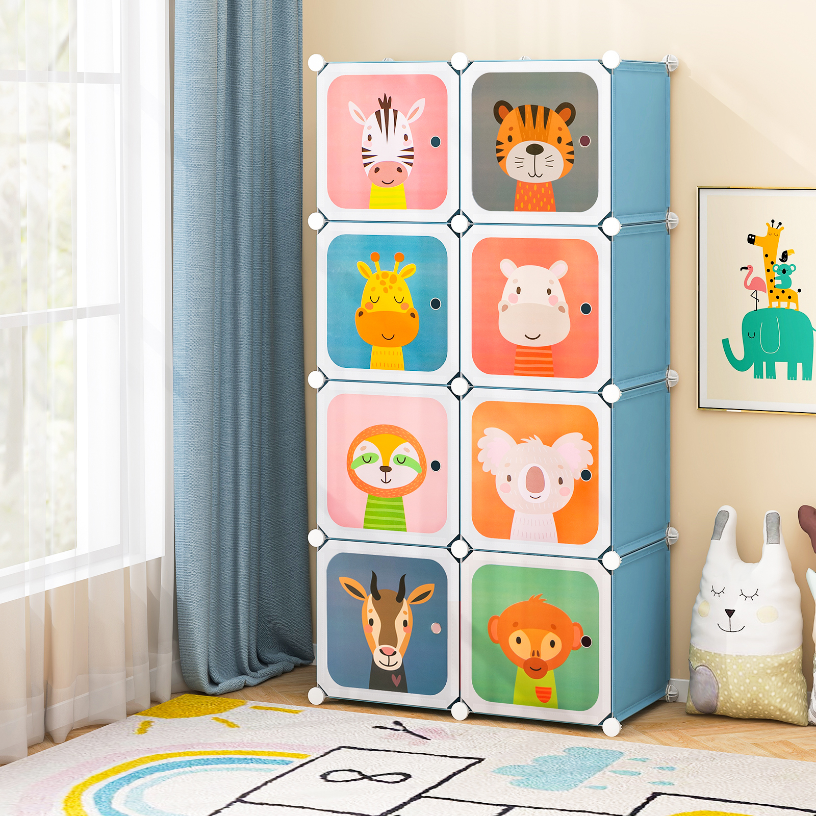 Image of Portable Kids Wardrobe, 8-cube Baby Closet With Hanging Section, Cute Carton Dresser Children' Organizer For , Nursery, Bedroom, Easy Assembly, Blue