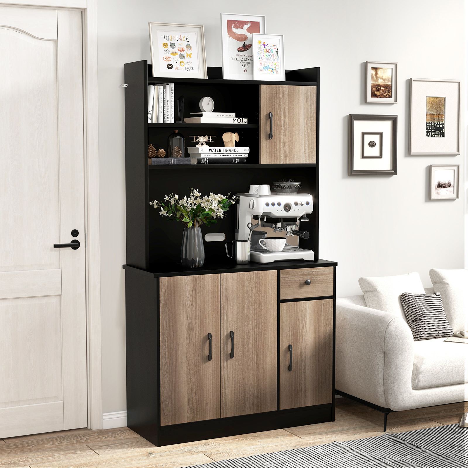 Kitchen Cabinet, 180 Cm High Storage Cabinet With , Drawer And Open Shelves, Display Cabinet