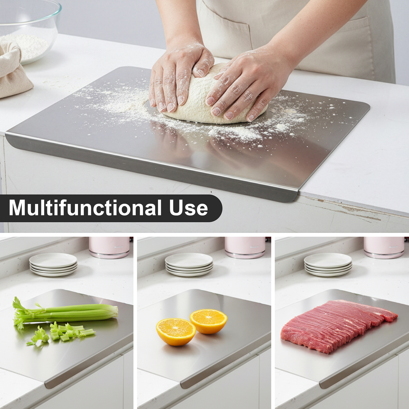 shipping 1pc of stainless steel cutting board a sturdy chopping board suitable for meat fruits vegetables bread and baking featuring a non slip design with a lip details 3