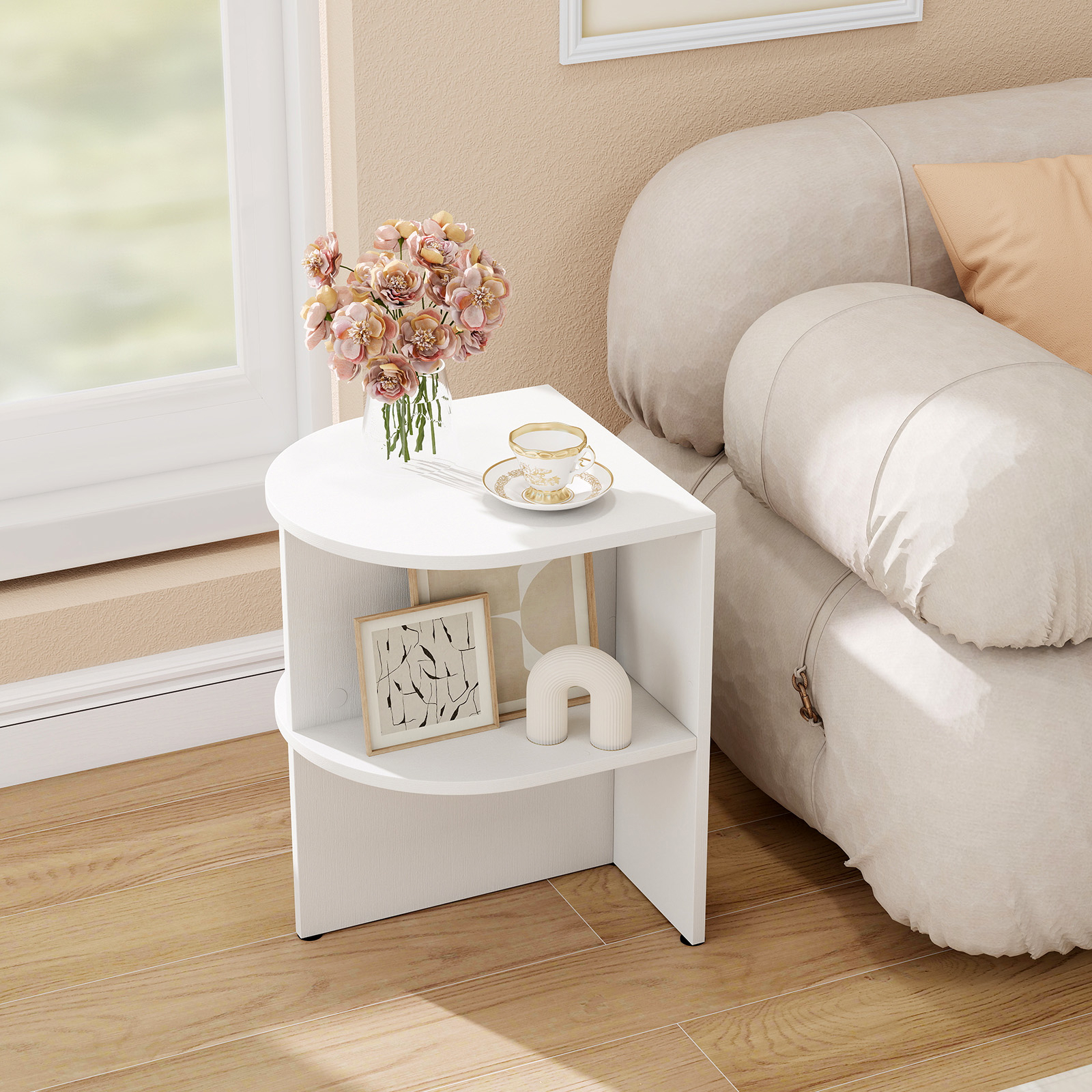 Half Round Side Table, 2-tier Wooden Nightstand With Open Storage Shelves, Modern Semi Circle Accent Table