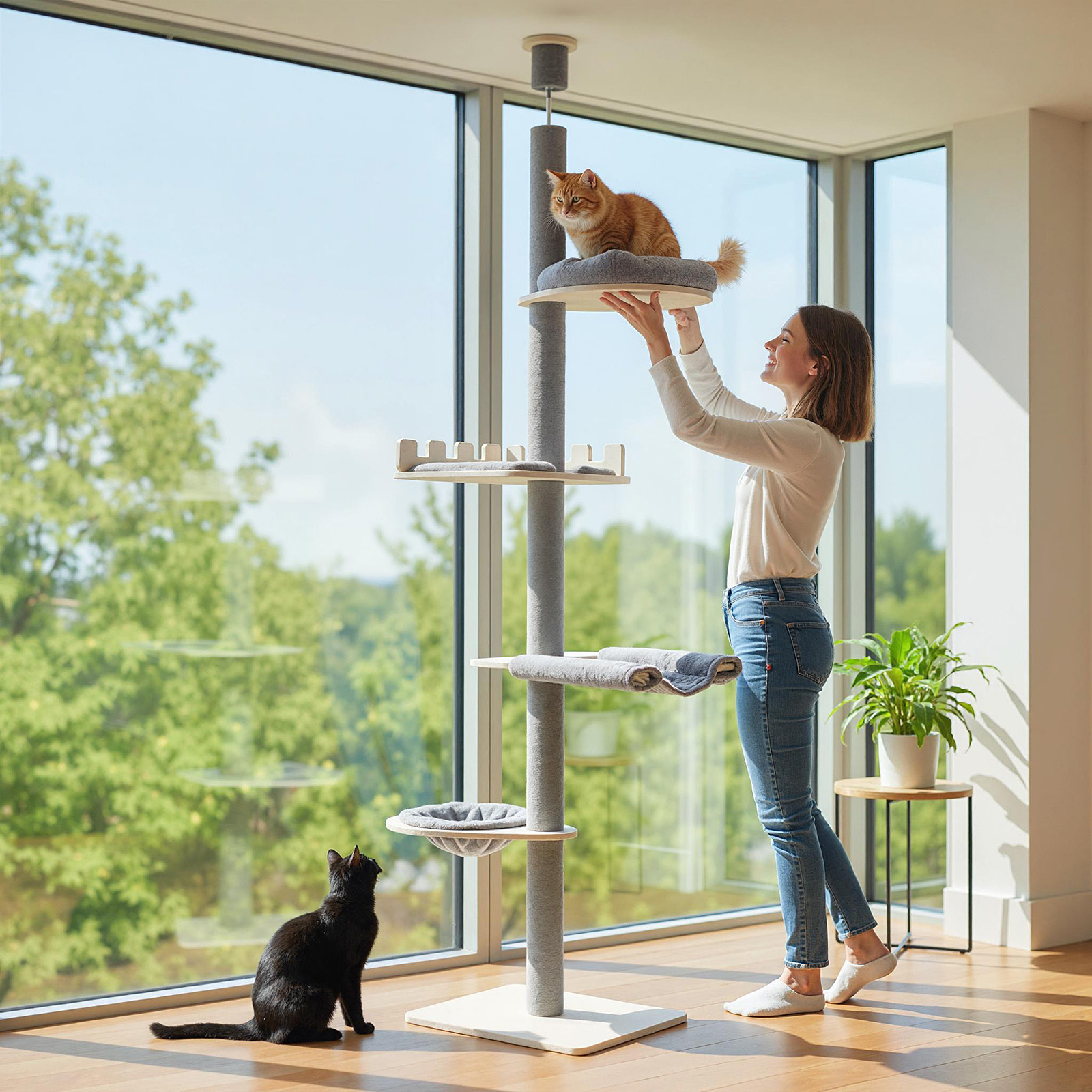 5-tier Floor To Ceiling Cat Tree, 236-271 Cm Height Adjustable Wooden Cat Tower W/ Perch, Basket Bed, Scratching Posts, Hammock & Removable Cushions, Indoor Tall Pet