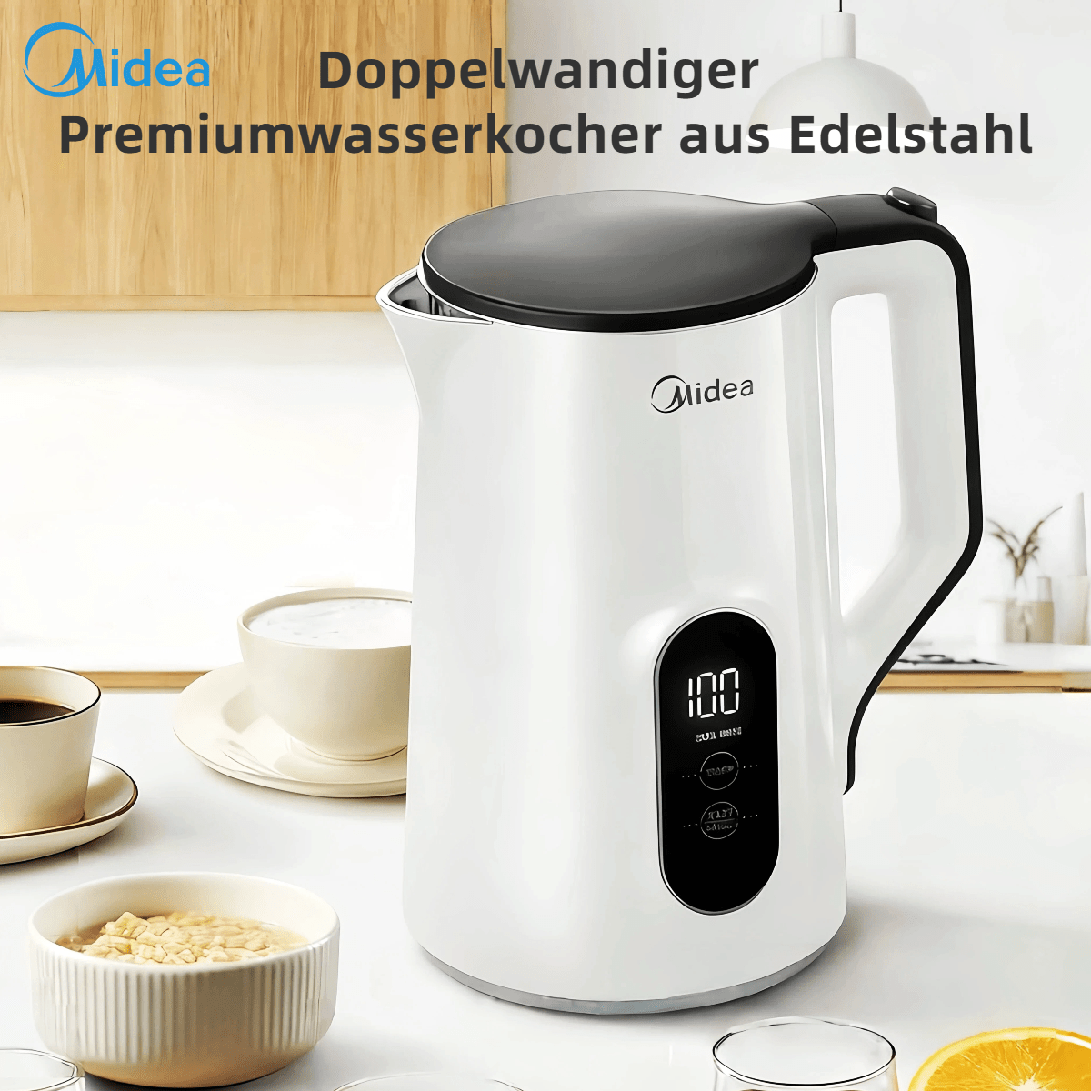 Midea 1.5-liter Kettle With Stainless Steel Inner Container, 2200w Powerful Rapid Heating, Digital Temperature Display, Insulation With Scald Protection, Modern - Ideal For Kitchen And Office