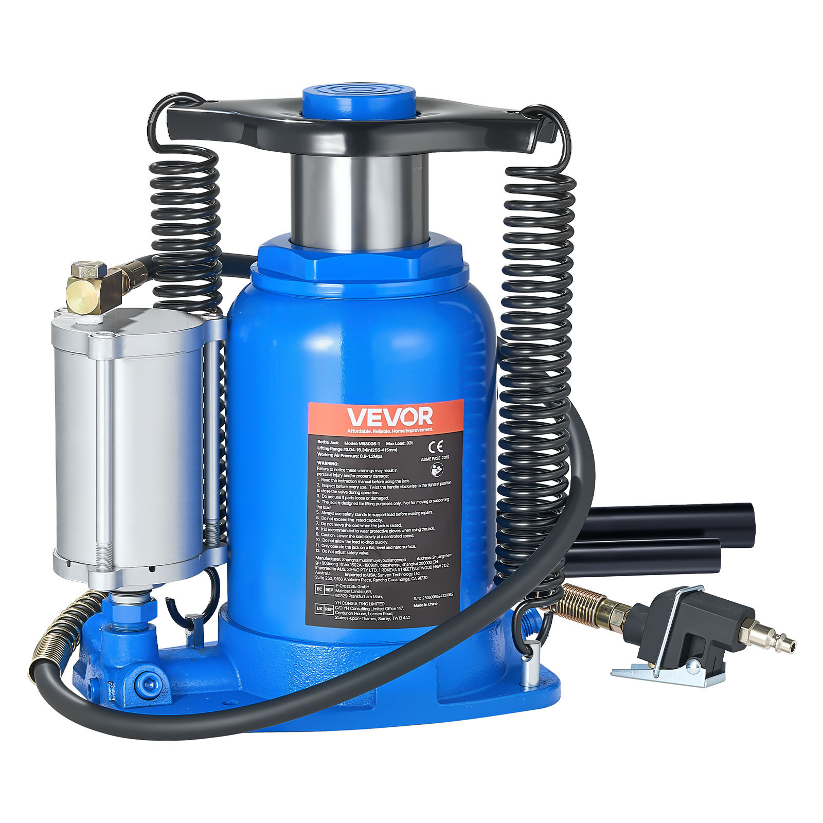 Image of Vevor Air Hydraulic Bottle Jack, 32 Ton (70546.9 Lbs) Capacity, 255-415 Mm Lifting Range, Pneumatic/manual Heavy Duty Welded Bottle Jack With Pump For Suv, Pickup, Truck, Rv, Car, Auto Repair, Blue