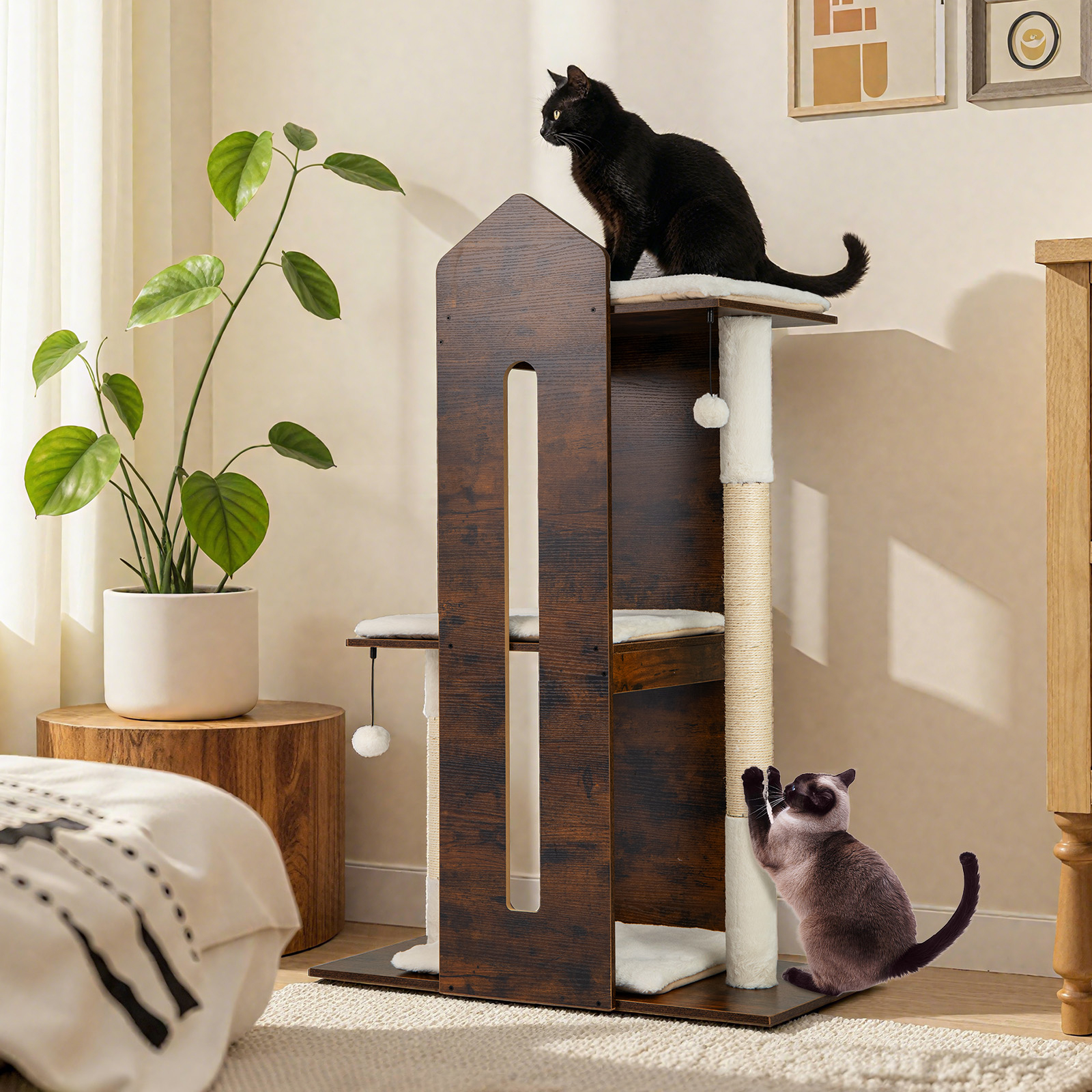 Image of 120 Cm Tall Modern Cat Tree For Indoor Cats, Wooden Kitten Tower Cat Condo W/ Sisal Scratching Posts, Hanging Balls, Removable Washable Plush Cushions, Perch, Multi-level Pet
