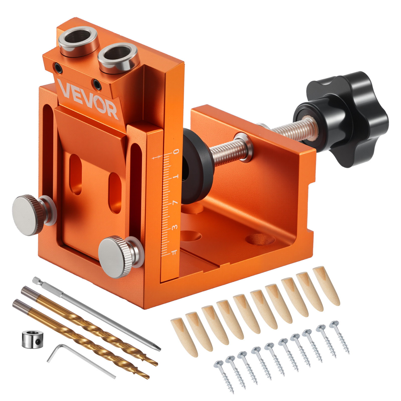 Image of Vevor Pocket Hole Jig Kit, 12 Mm To 48 Mm Adjustable, Jig Pocket With Step Drill, Hex Wrench, Drill Stop Ring, Square Drive Bit, Plugs And Screws, Reinforced Metal Frame, For Woodworking