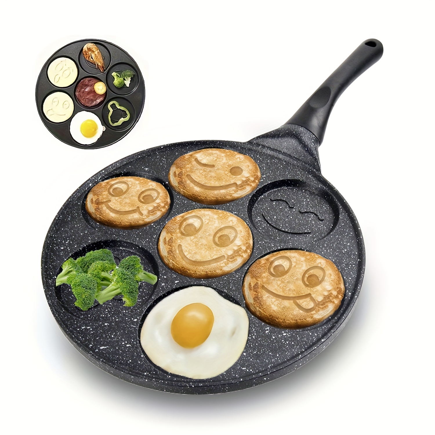 E-shop Mini Pfannkuchenpfanne mit 7 fröhlichen Gesichtern - Antihaftbeschichtung aus Aluminiumlegierung, hitzebeständiger Griff & leicht zu