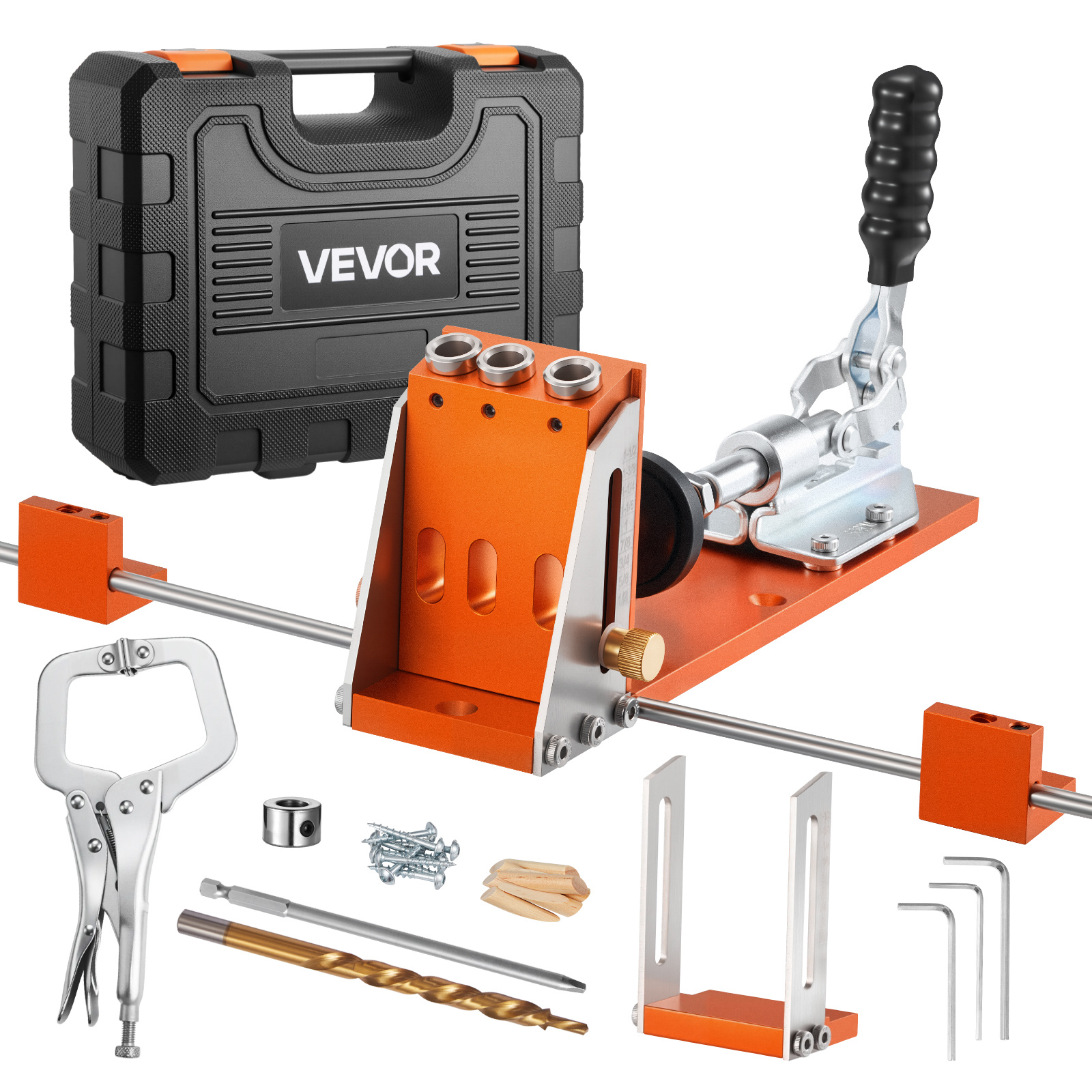 Image of Vevor Pocket Hole Jig Kit, 12.7 To 38.1 Mm Adjustable, Jig Pocket With , C-clamp, Step Drill, Hex Wrench, Drill Stop Ring, Square Drive Bit, Reinforced Metal Frame, For Woodworking
