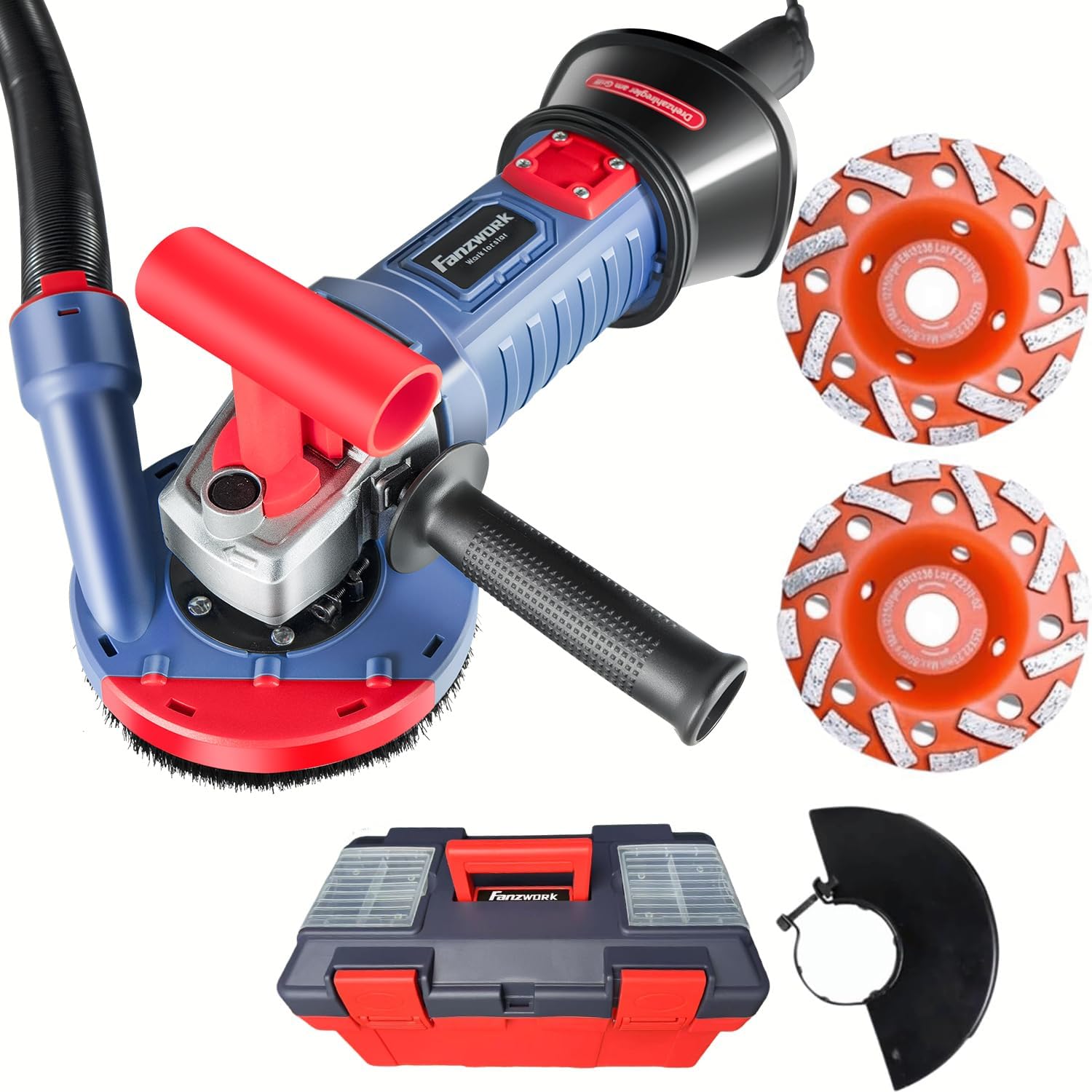 Image of 1500w Concrete Grinder Concrete Milling Set, Speed Adjustable, . Premium 125mm Diamond Grinding Cup, Dust Extraction Hood, T-shaped Handle (with 2x125mm Grinding Cups)