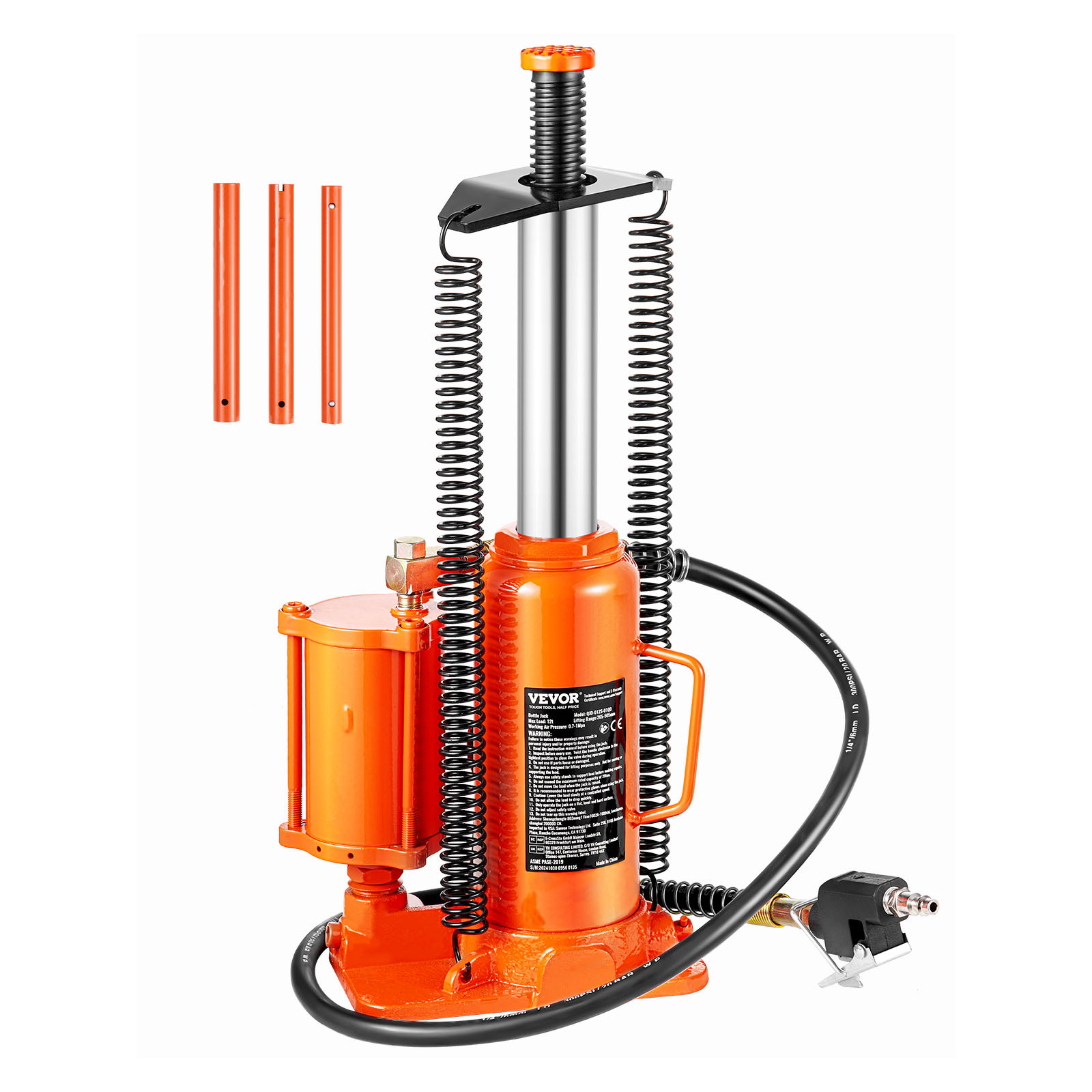 TEMU Vevor Air Hydraulic Bottle Jack, 12 Ton Capacity, 265-505 Mm Lifting Range, Pneumatic/manual Heavy Duty Welded Bottle Jack With Hand Pump For