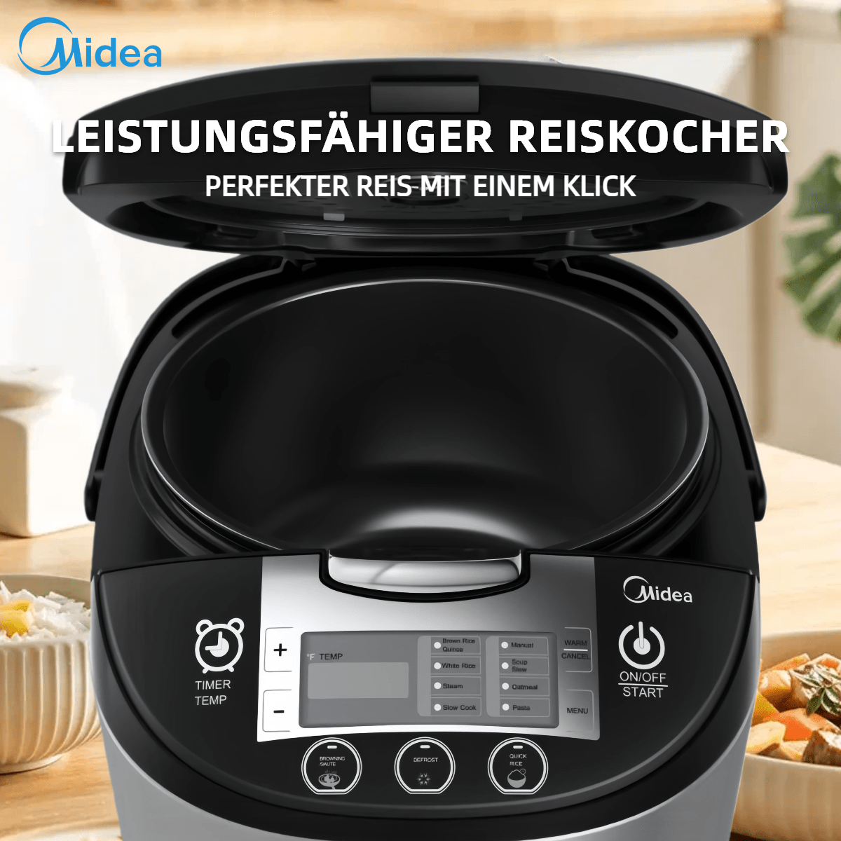 E-shop Midea 5L Multikocher Nicht nur für Reis: Ideal für Gemüse, Fleisch, Bohnen, Suppen, Brei, Joghurt, Kuchen und mehr. 5 L Kapazität für bis zu 10