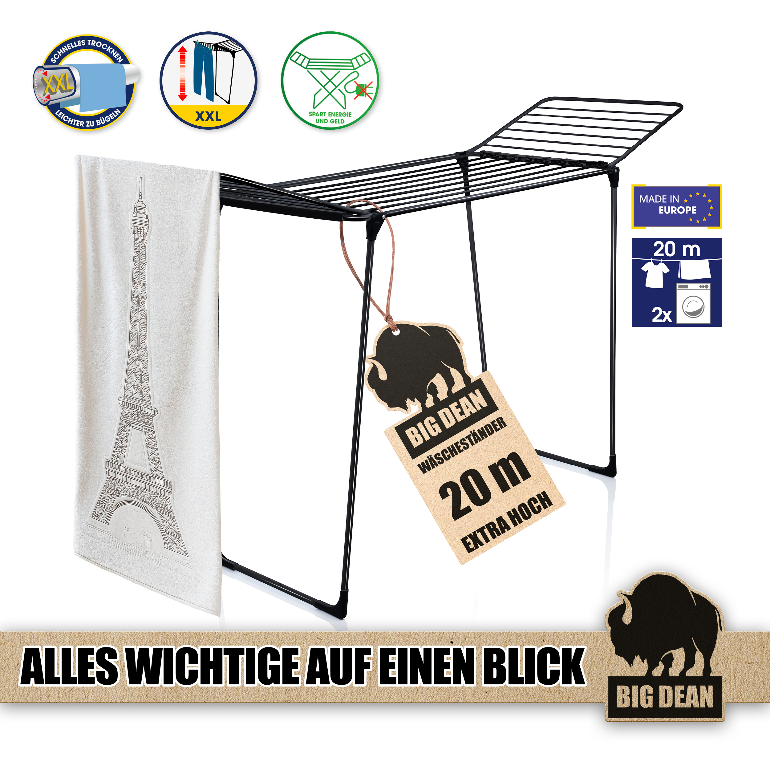 Bigdean Laundry Stand 20m Extra High & Thick Linen - Xxl Laundry Stand - Space- Laundry Stand - Foldable Wing Laundry Stand - Laundry Dryer