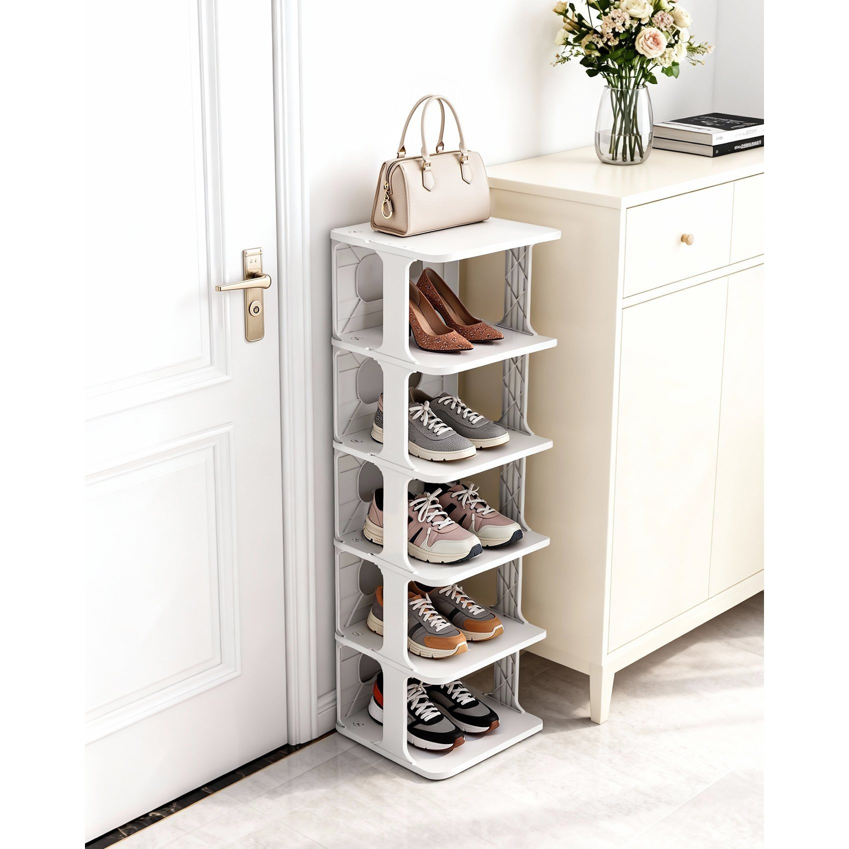 Image of 6-tier Shoe Rack, Narrow Shoe Cabinet, Space- Plastic Shoe Storage For Stairs, Hallway, Bathroom, And Bedroom