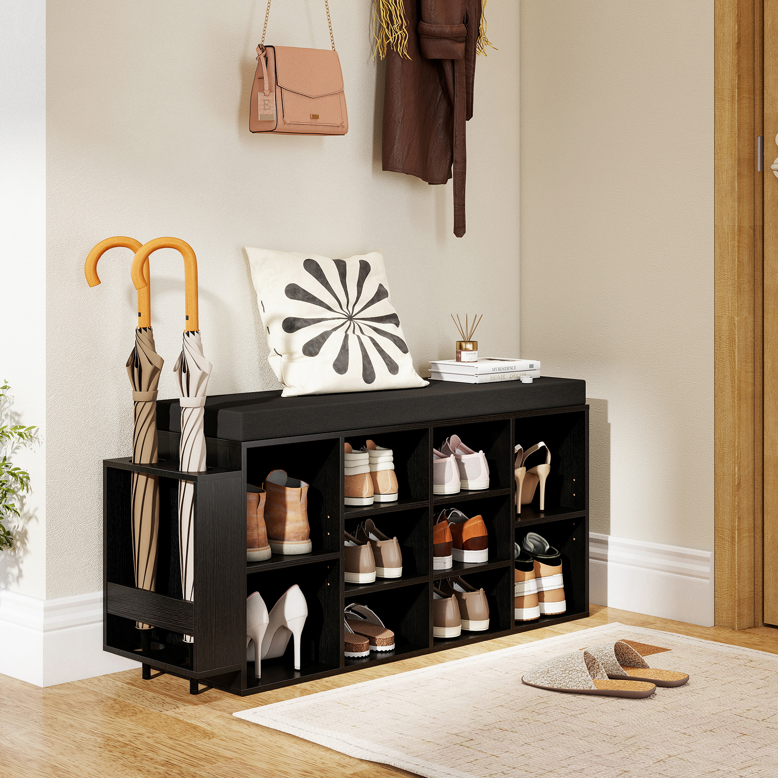 Image of Shoe Storage Bench With Umbrella Stand, 10-cubby Entryway Shoe Rack Organizer With Padded Seat, Adjustable & Removable Shelves For Hallway, Living Room & Bedroom, Black