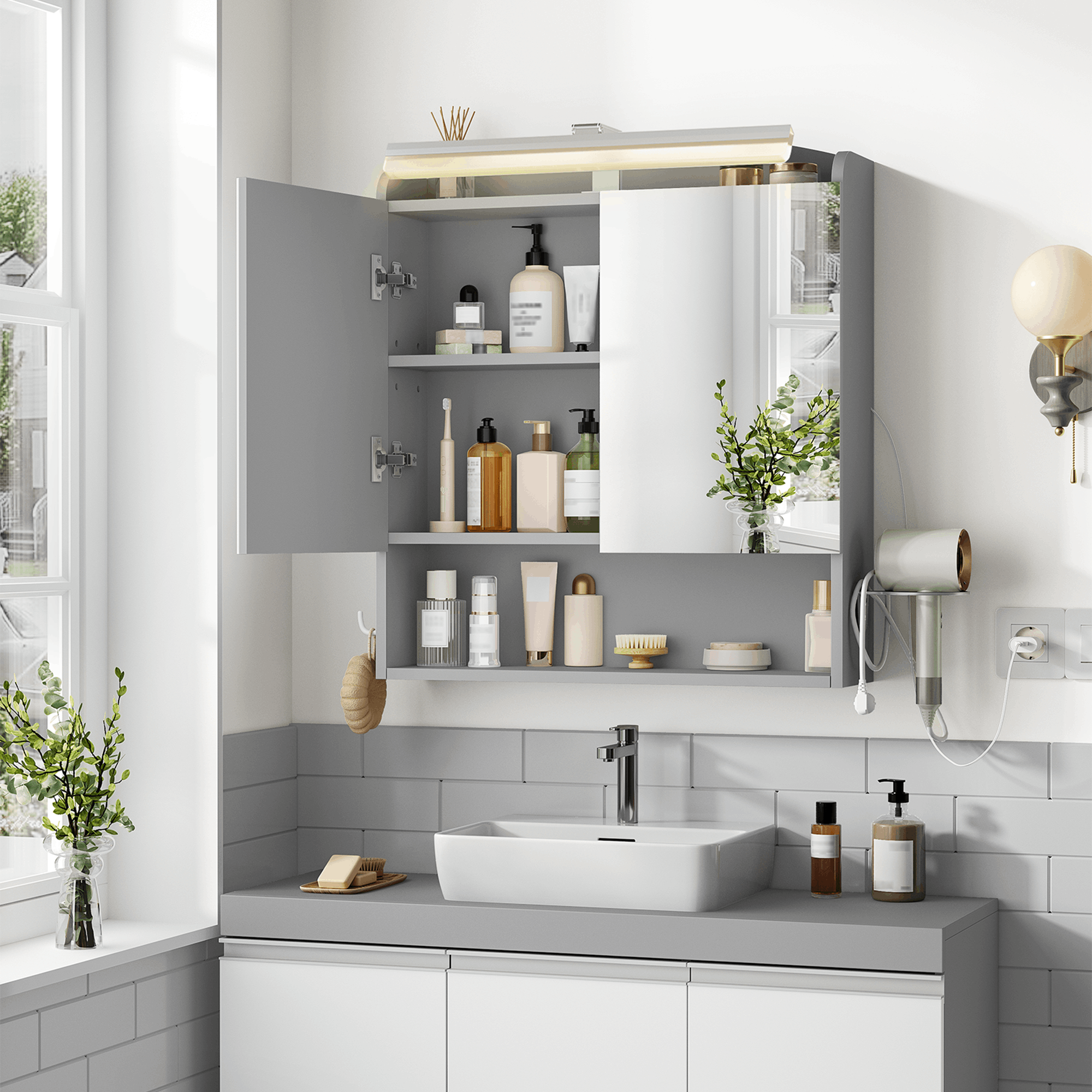 Mirror Cabinet With Lighting, Hanging Cabinet, Mirror Cabinet For Bathroom With Storage Space, Bathroom Cabinet With Mirror, Dimmable Led Lights 60 X 68.5 X 16.5 Cm (w X H X D) Cm, Grey