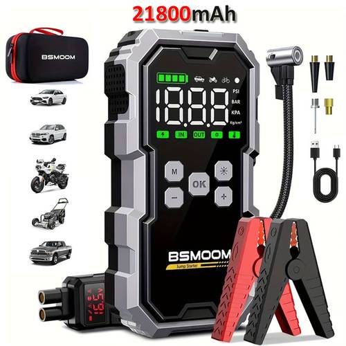 photo de l'article Démarreur de voiture 9500A avec compresseur d'air, gonfleur de pneu sans fil, booster de batterie 21800mAh/26800mAh avec pack de batterie externe et lampes de poche LED, boîtier de démarrage automatique 12V pour tous les véhicules à essence ou diesel de 10.0L, 10 protections de sécurité avancées, câbles intelligents avec affichage de la tension, mallette de transport portable incluse