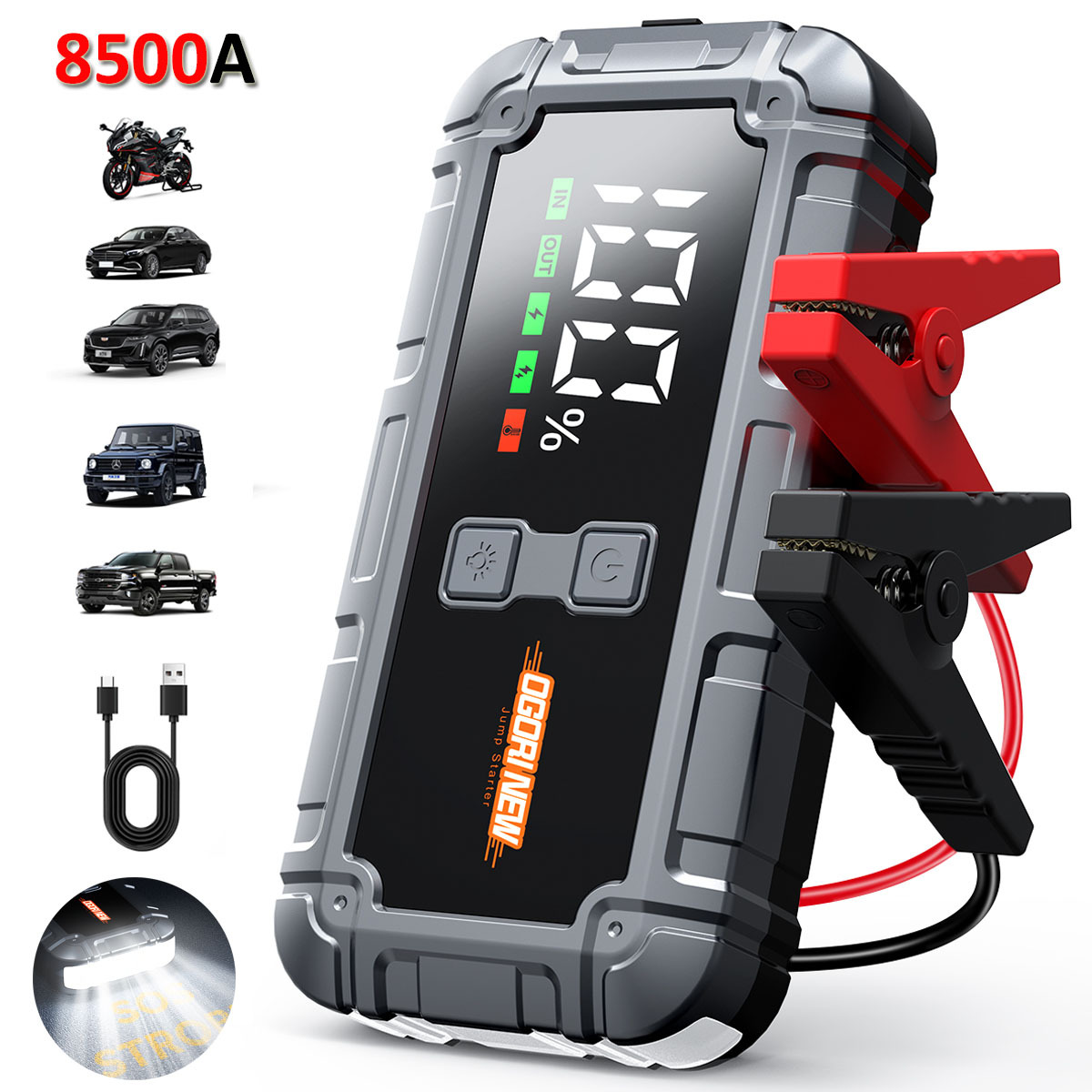 E-shop 8500A Auto Starthilfe mit Powerbank Pack LED Taschenlampe, großem LCD Bildschirm, 12V Auto Notfall Batterie Booster Starthilfe Box
