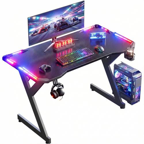 100 120 140 160 cm gaming desk with led lights home office computer gamer desk ergonomic carbon fiber gaming table home office desk with cup holder headphone hook office workstation black christmas gift for men