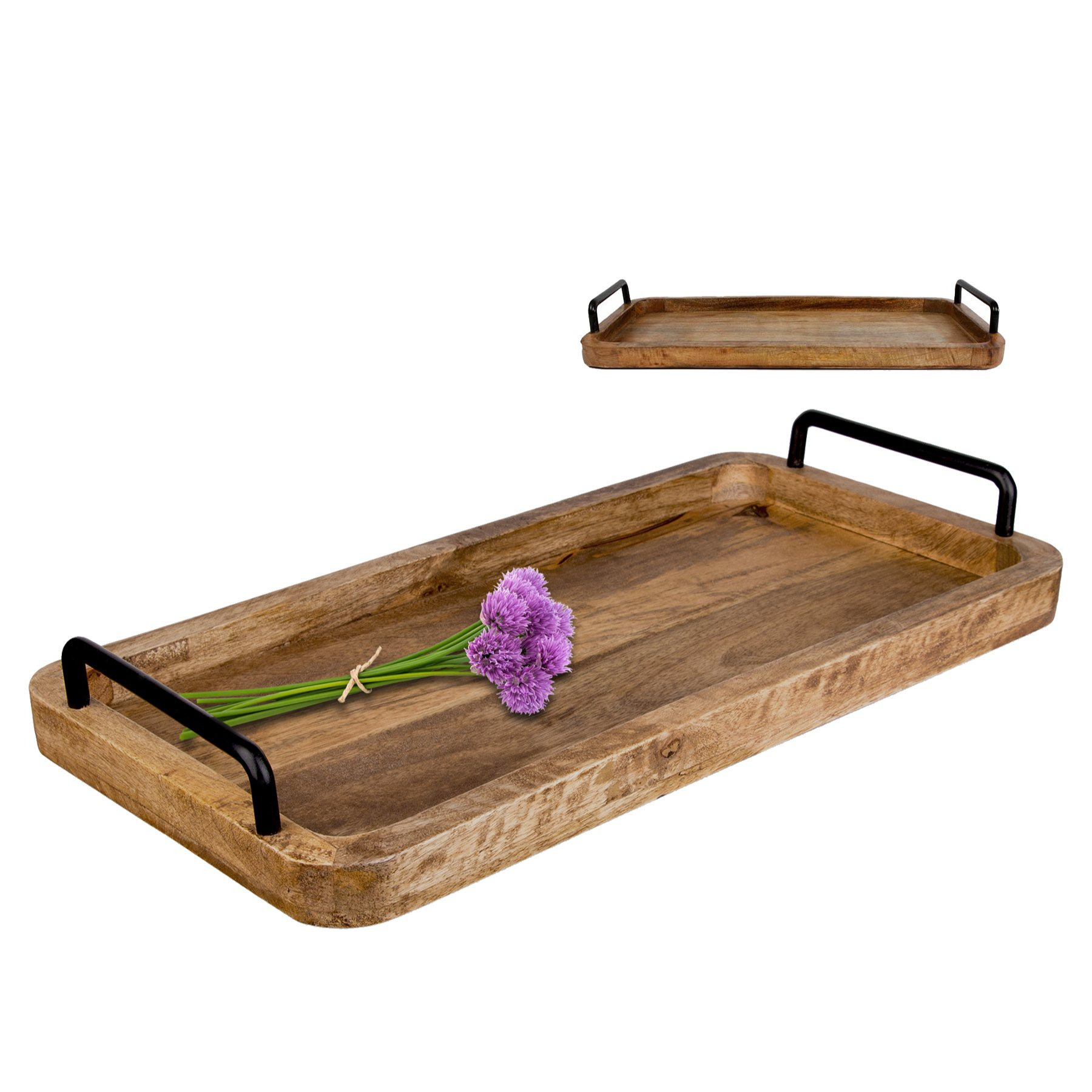 Bigdean Mango Wood Serving Tray - 50 X 25 X 3 Cm - Vintage Wood Tray - Unique - Wooden Tray With Metal Handles - Rectangular Kitchen Tray