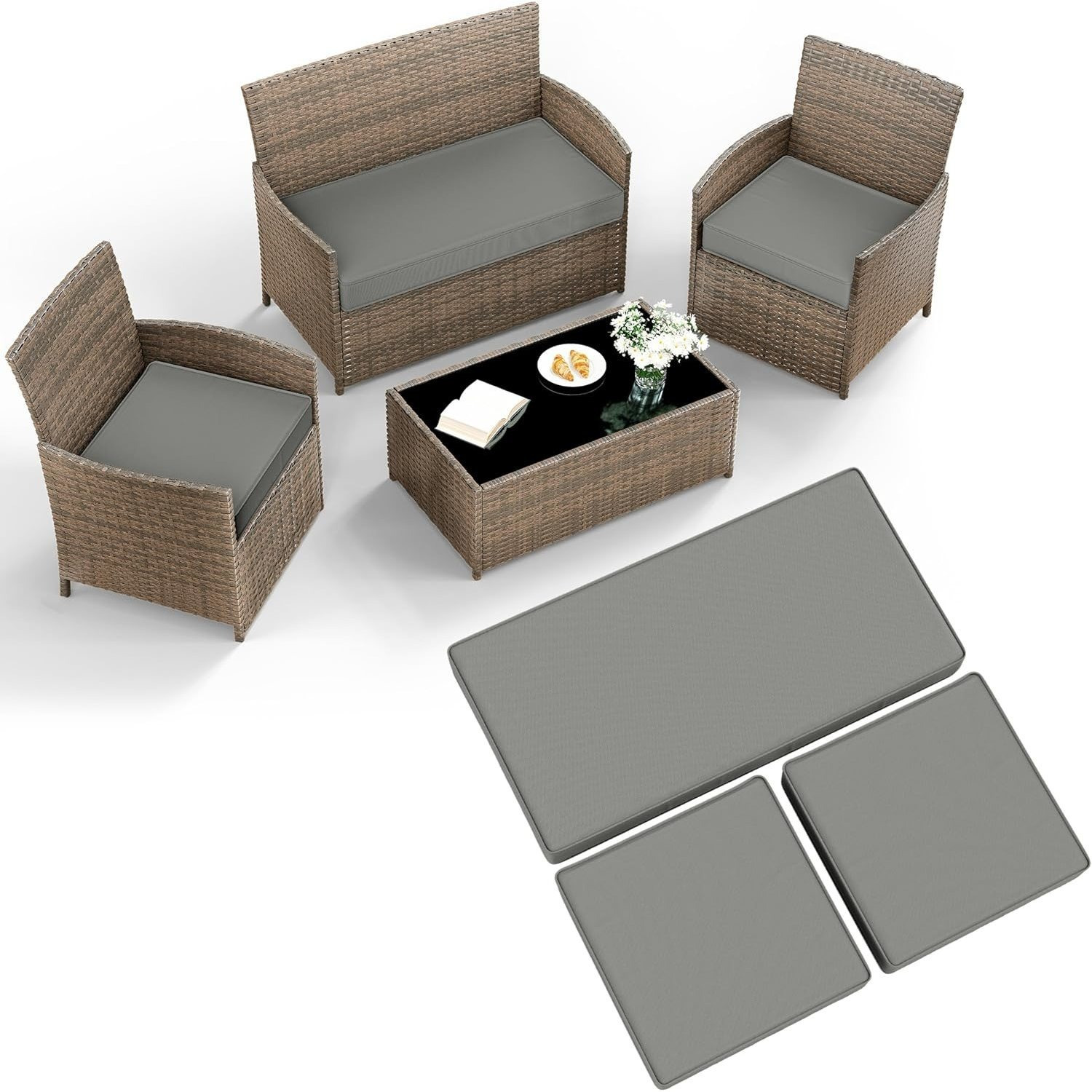 TEMU 3pcs Rattan Outdoor Furniture Seat Cushion Pads, Outdoor Replacement Cushions For Rattan Set, Water-resistant Outdoor Chair Cushions Garden Seat