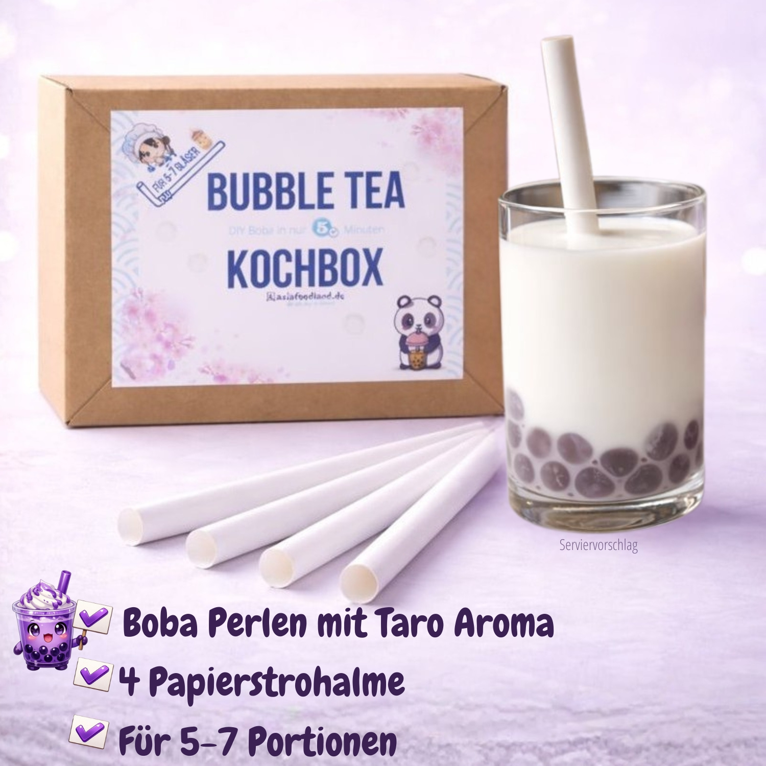 E-shop ASIAFOODLAND - TARO BUBBLE TEA KOCHBOX - DIY TARO Boba - Taro Perlen für bis zu 7 Portionen - für Bubble Tea, Boba, oder als Dessert Topping