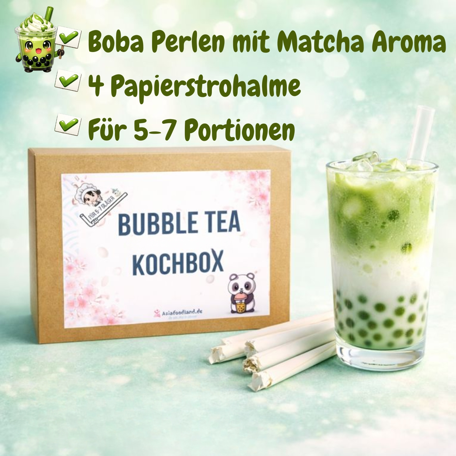 E-shop ASIAFOODLAND - MATCHA BUBBLE TEA KOCHBOX - DIY MATCHA Boba - Maccha Perlen für bis zu 7 Portionen